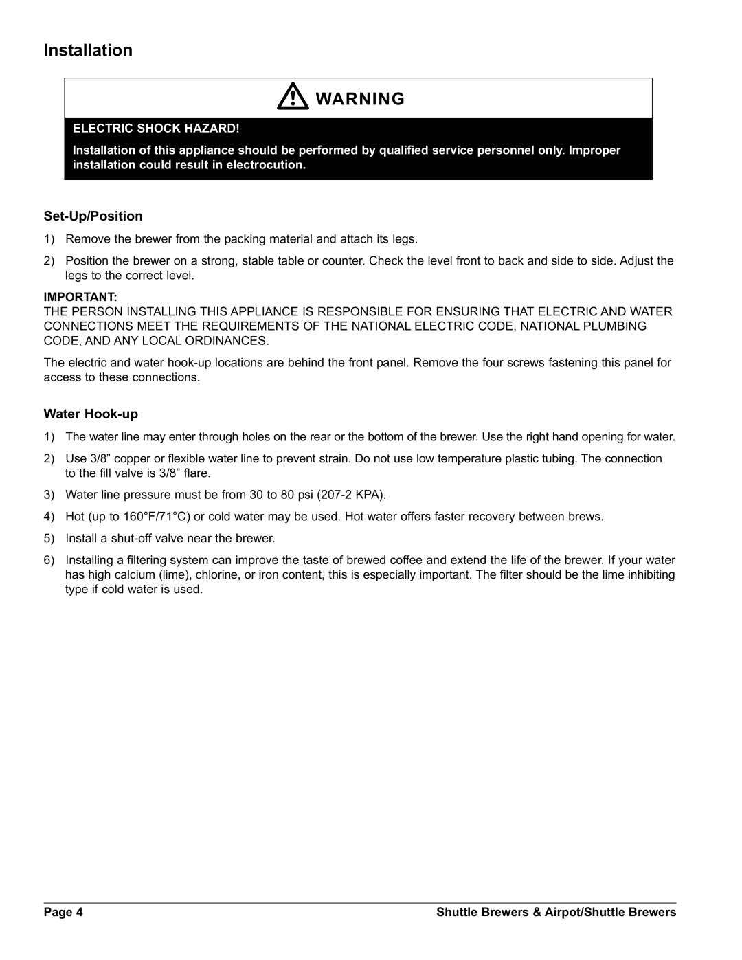 Grindmaster AM-344-04 instruction manual Installation, Set-Up/Position, Water Hook-up 