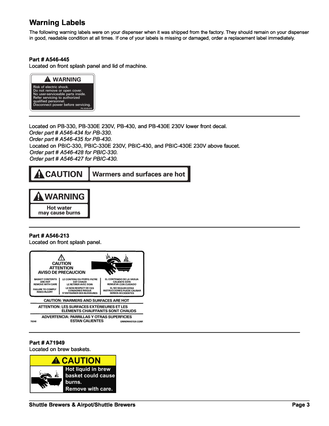 Grindmaster AM-344-04 Warning Labels, A546-445, Order part # A546-434for PB-330, Order part # A546-435for PB-430, A546-213 