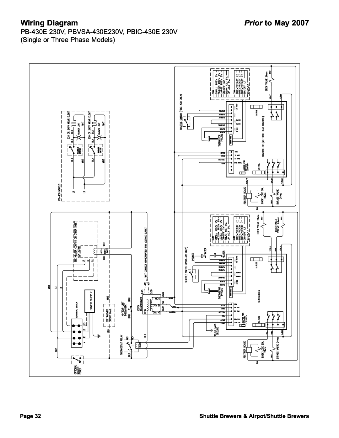 Grindmaster AM-344-04 instruction manual Wiring Diagram, Prior to May, Page, Shuttle Brewers & Airpot/Shuttle Brewers 
