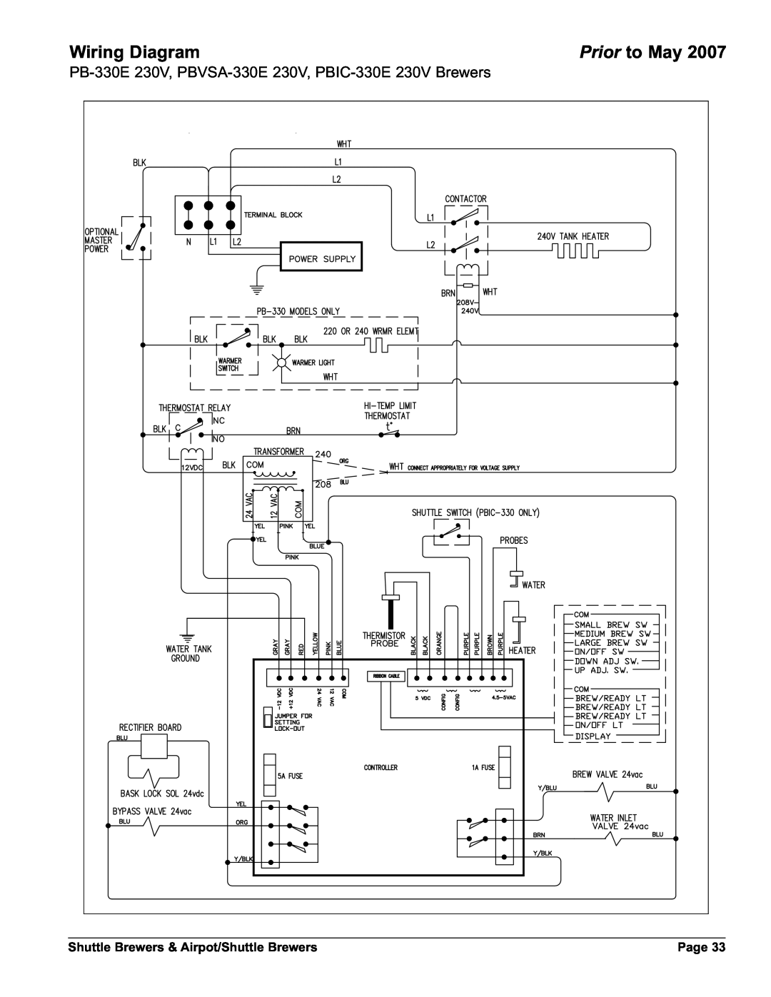 Grindmaster AM-344-04 instruction manual Wiring Diagram, Prior to May, Shuttle Brewers & Airpot/Shuttle Brewers, Page 