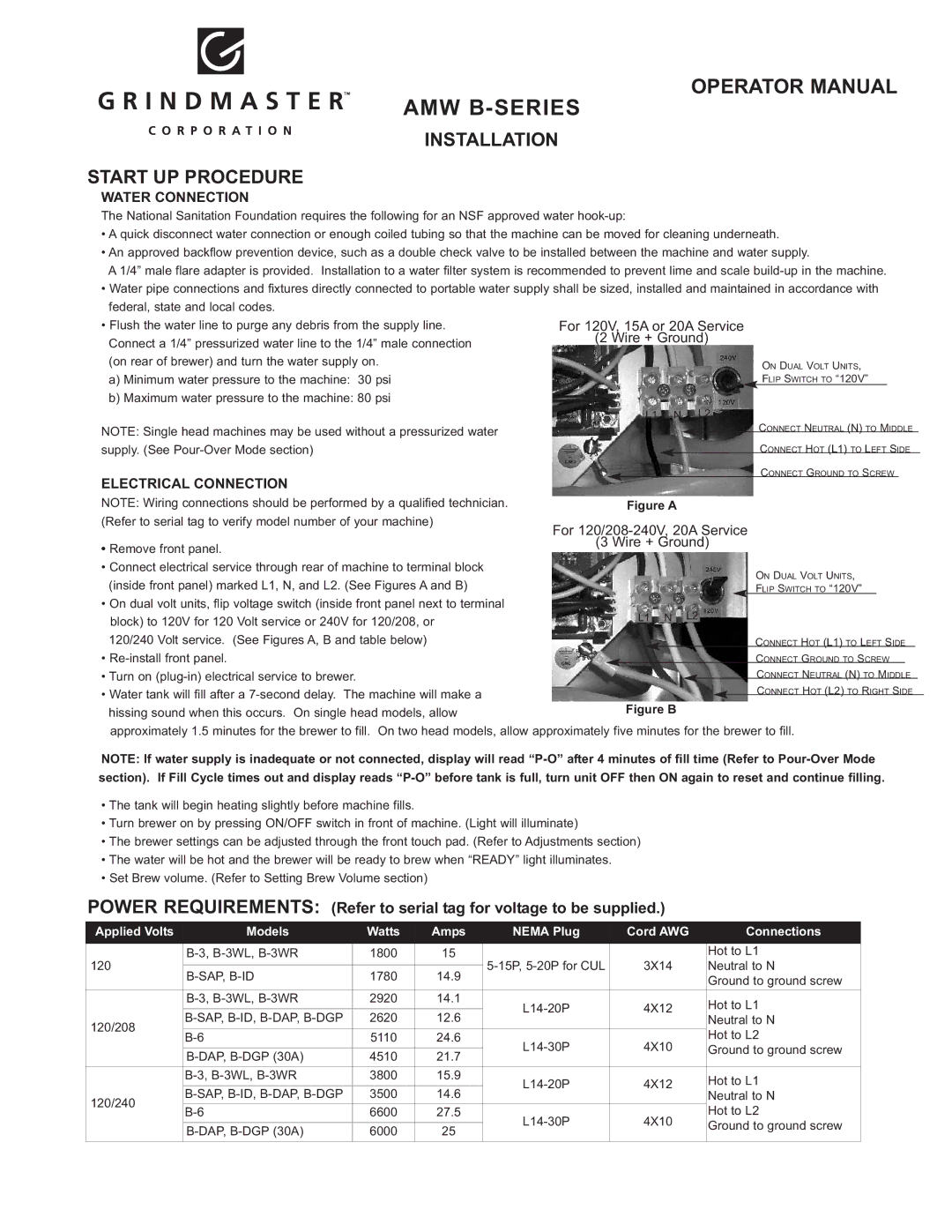 Grindmaster AMW B-Series manual Amw B-Series, Installation Start UP Procedure 