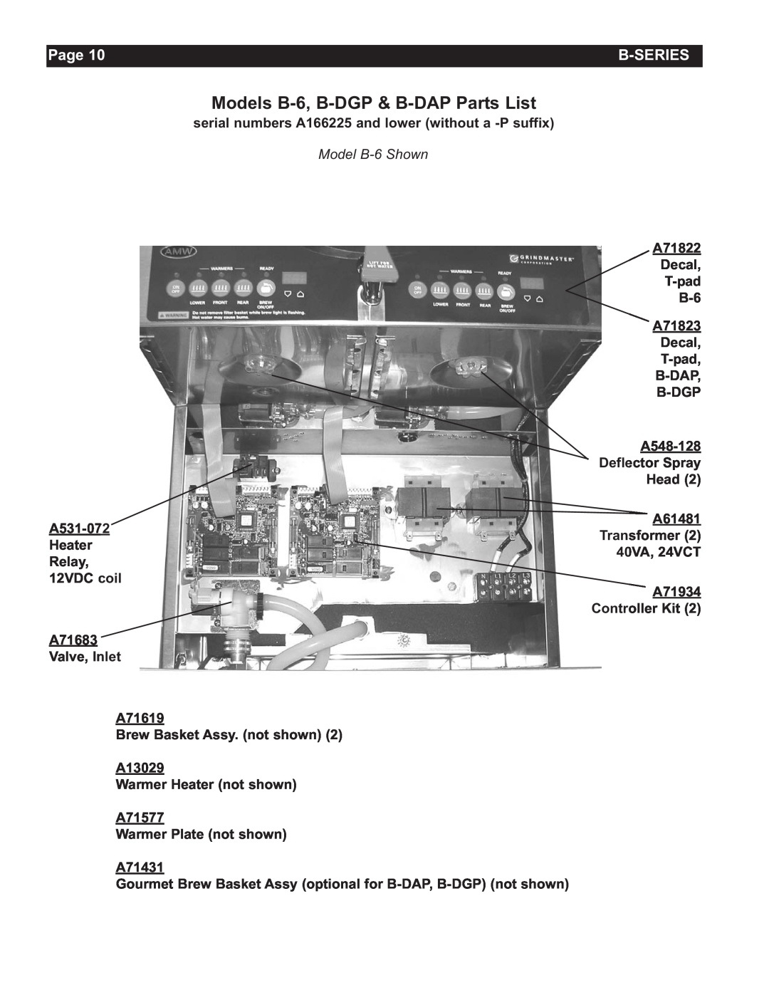 Grindmaster AMW B-Series manual Models B-6, B-DGP & B-DAP Parts List, Model B-6 Shown, Page 