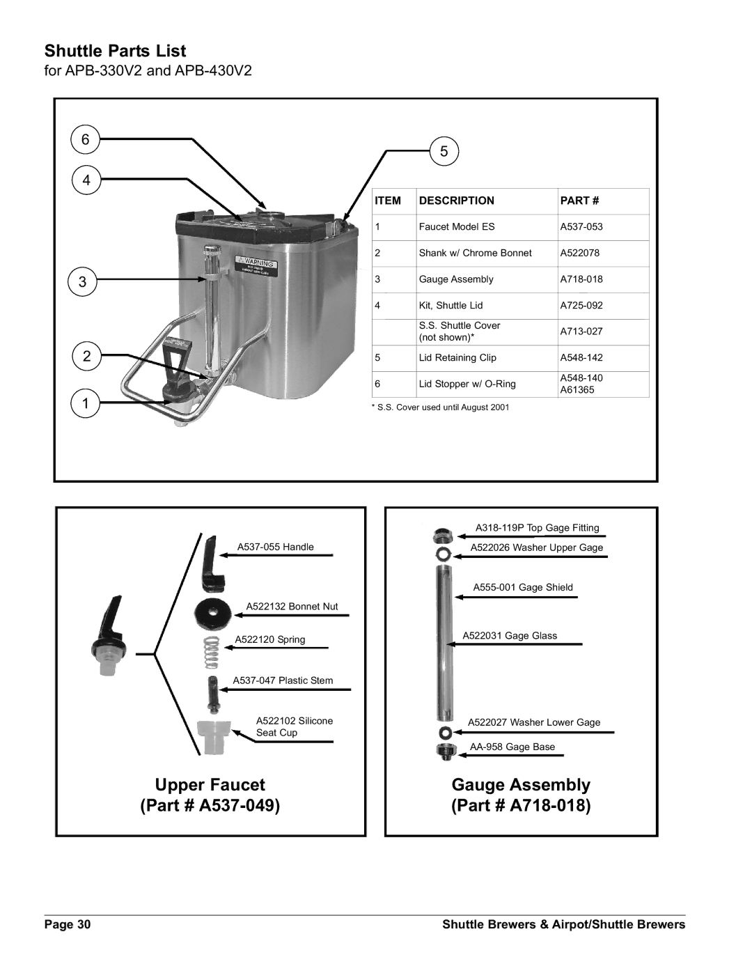 Grindmaster APB-330V2E230, APBVSA-330V2E230, APBIC-430V2 Shuttle Parts List, Upper Faucet A537-049, Gauge Assembly A718-018 