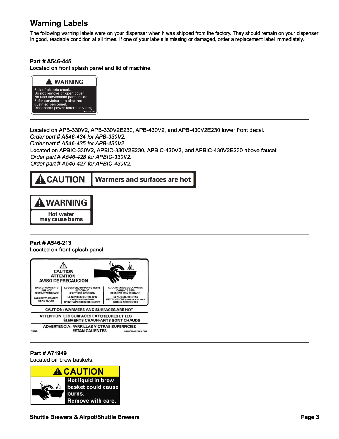 Grindmaster APBVSA-430V2, APBVSA-330V2E230 Warning Labels, A546-445, Order part # A546-435 for APB-430V2, A546-213, A71949 