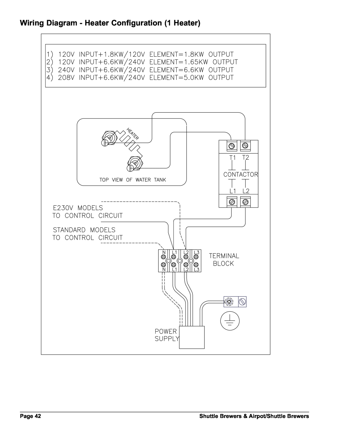 Grindmaster APB-330V2E230 Wiring Diagram - Heater Configuration 1 Heater, Page, Shuttle Brewers & Airpot/Shuttle Brewers 
