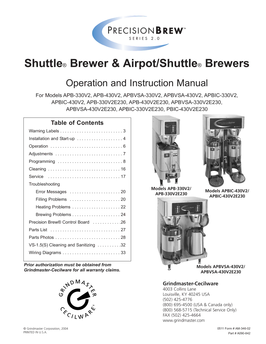 Grindmaster APBVSA-330V2E230, APBIC-430V2 instruction manual Shuttle Brewer & Airpot/Shuttle Brewers, Table of Contents 