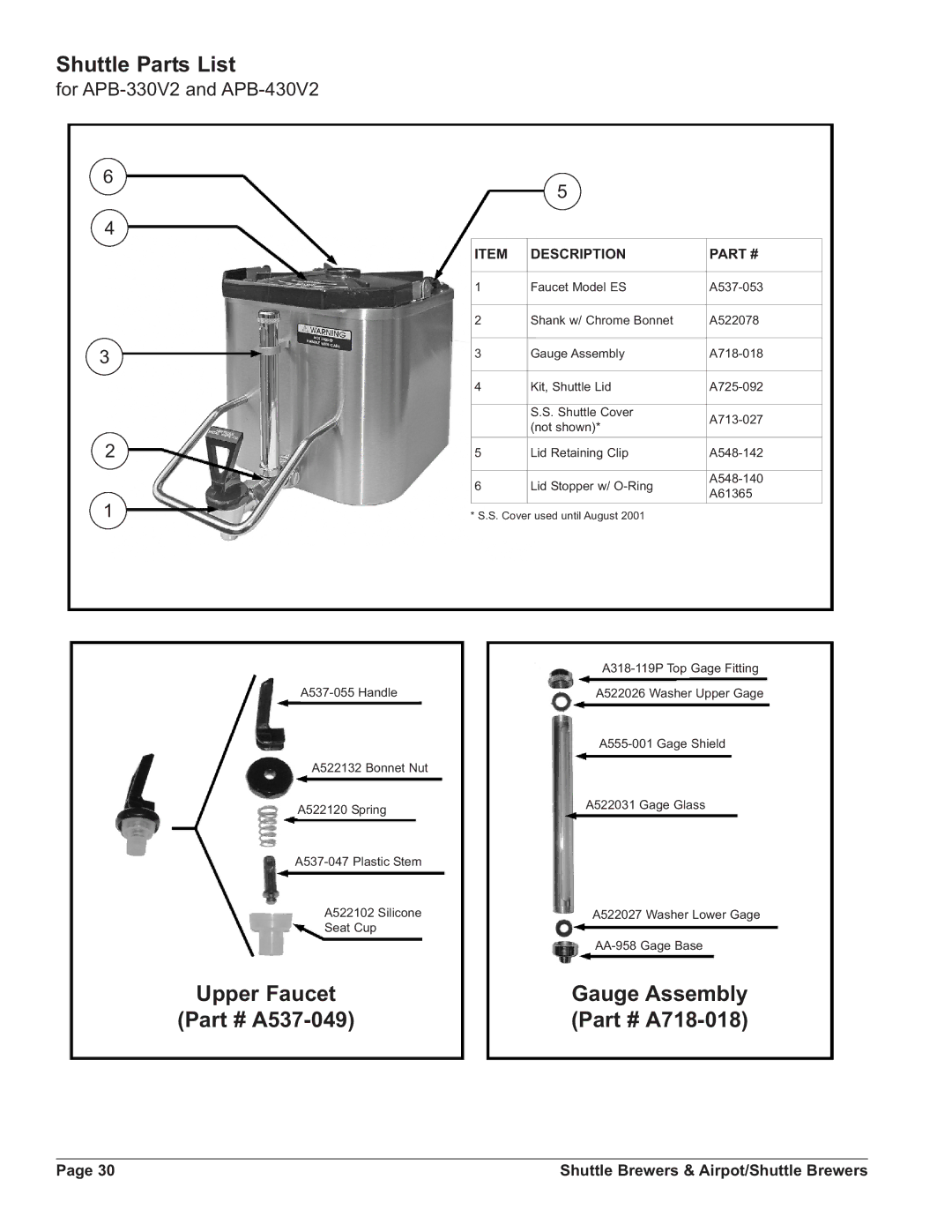 Grindmaster APB-330V2E230, APBVSA-330V2E230, APBIC-430V2 Shuttle Parts List, Upper Faucet A537-049, Gauge Assembly A718-018 