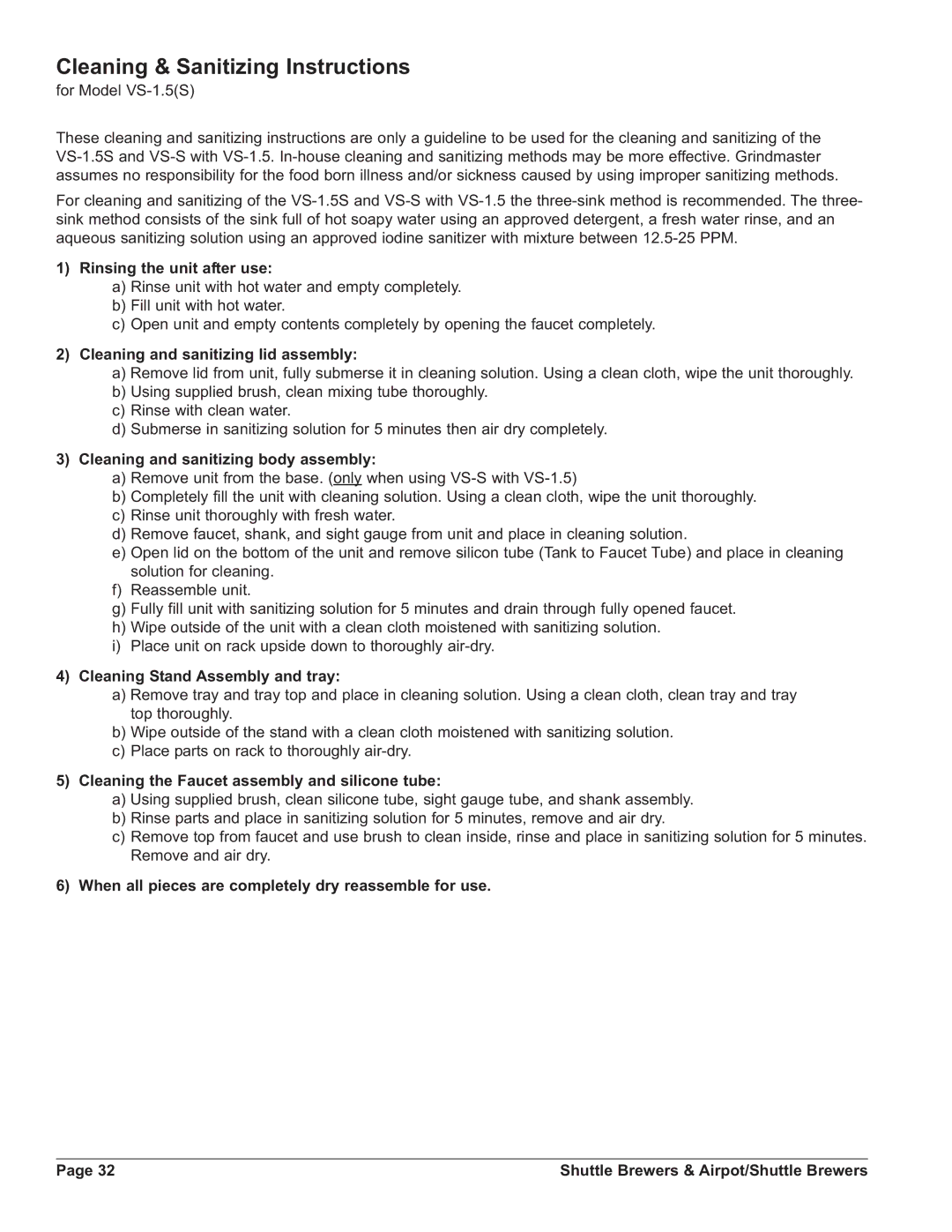 Grindmaster APBIC-330V2, APBVSA-330V2E230, APBIC-430V2, PBIC-430V2E230, APBVSA-430V2 Cleaning & Sanitizing Instructions 