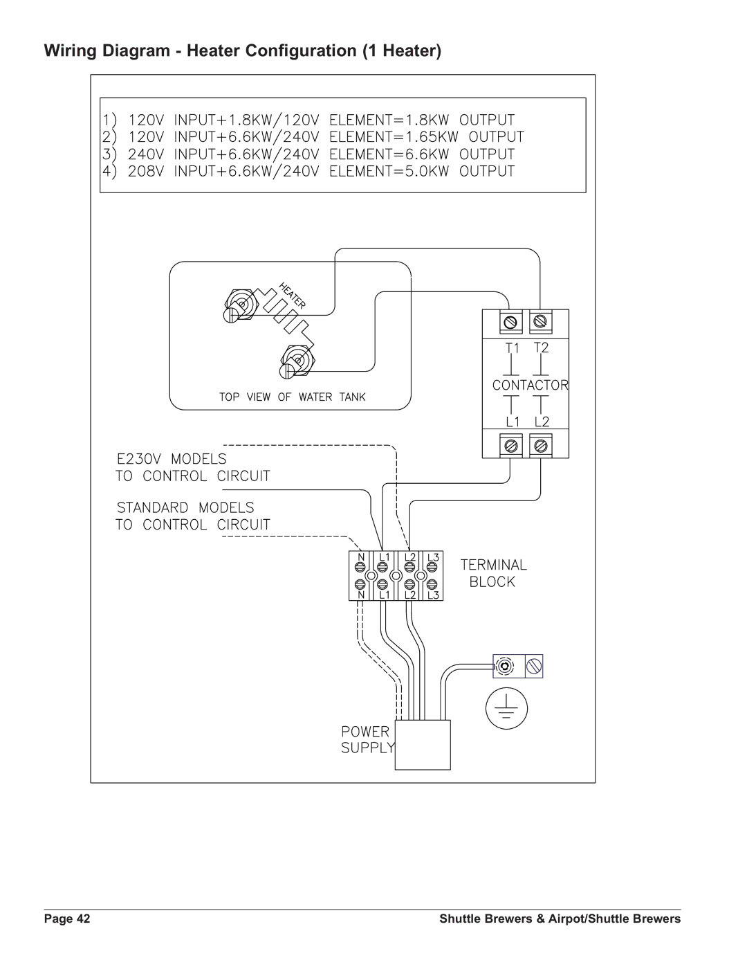 Grindmaster APB-330V2E230, APBVSA-330V2E230, APBIC-430V2, PBIC-430V2E230 Wiring Diagram Heater Configuration 1 Heater 