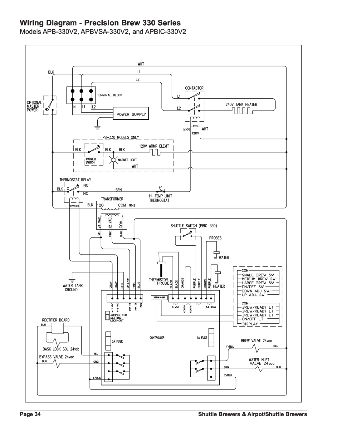 Grindmaster APBIC-330V2E230 Wiring Diagram - Precision Brew 330 Series, Models APB-330V2, APBVSA-330V2, and APBIC-330V2 