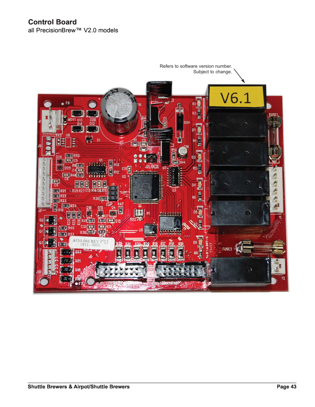 Grindmaster APBVSA-430V2E230 Control Board, all PrecisionBrew V2.0 models, Shuttle Brewers & Airpot/Shuttle Brewers, Page 