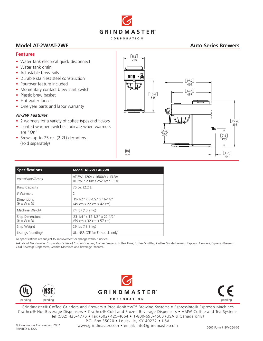 Grindmaster manual Model AT-2W/AT-2WE, AT-2W Features, Specifications, Model AT-2W / AT-2WE 