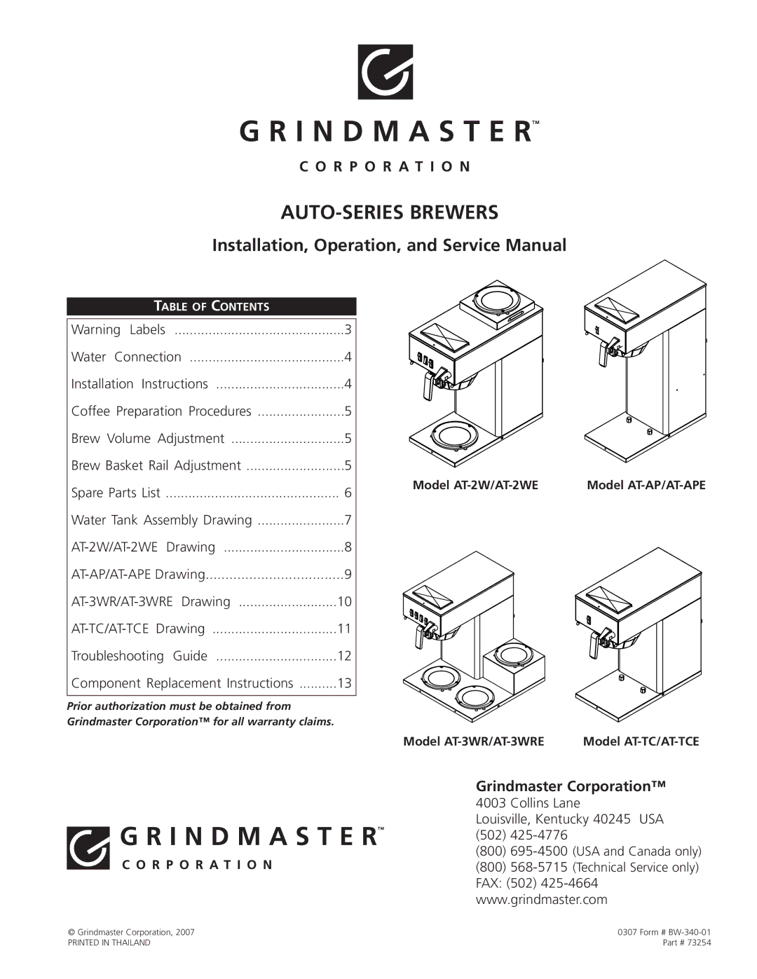 Grindmaster AT-AP/AT-APE, AT-TC/AT-TCE, AT-3WR/AT-3WRE, AT-2W/AT-2WE service manual AUTO-SERIES Brewers 