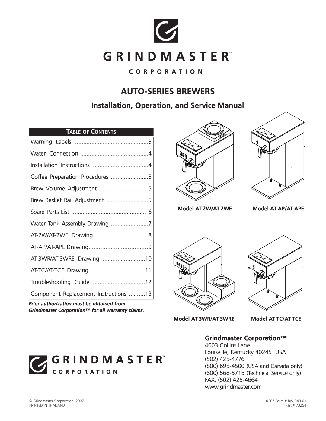 Grindmaster AT-AP/AT-APE service manual Grindmaster Corporation, Model AT-2W/AT-2WE, Model AT-3WR/AT-3WRE, Warning Labels 