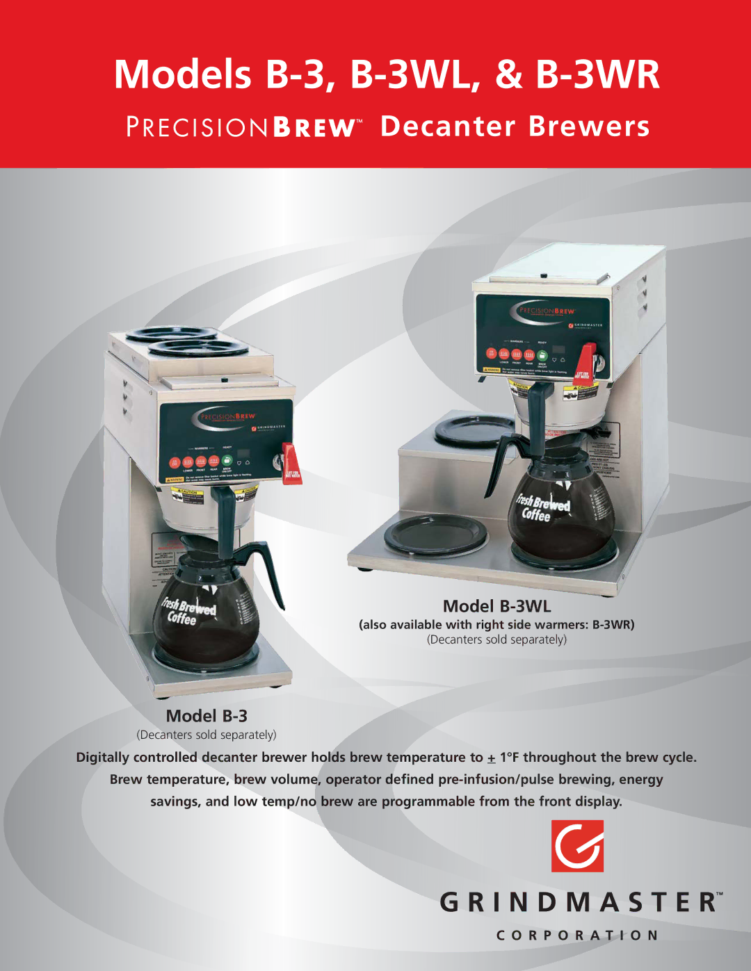 Grindmaster manual Models B-3, B-3WL, & B-3WR, Decanter Brewers, Model B-3WL 