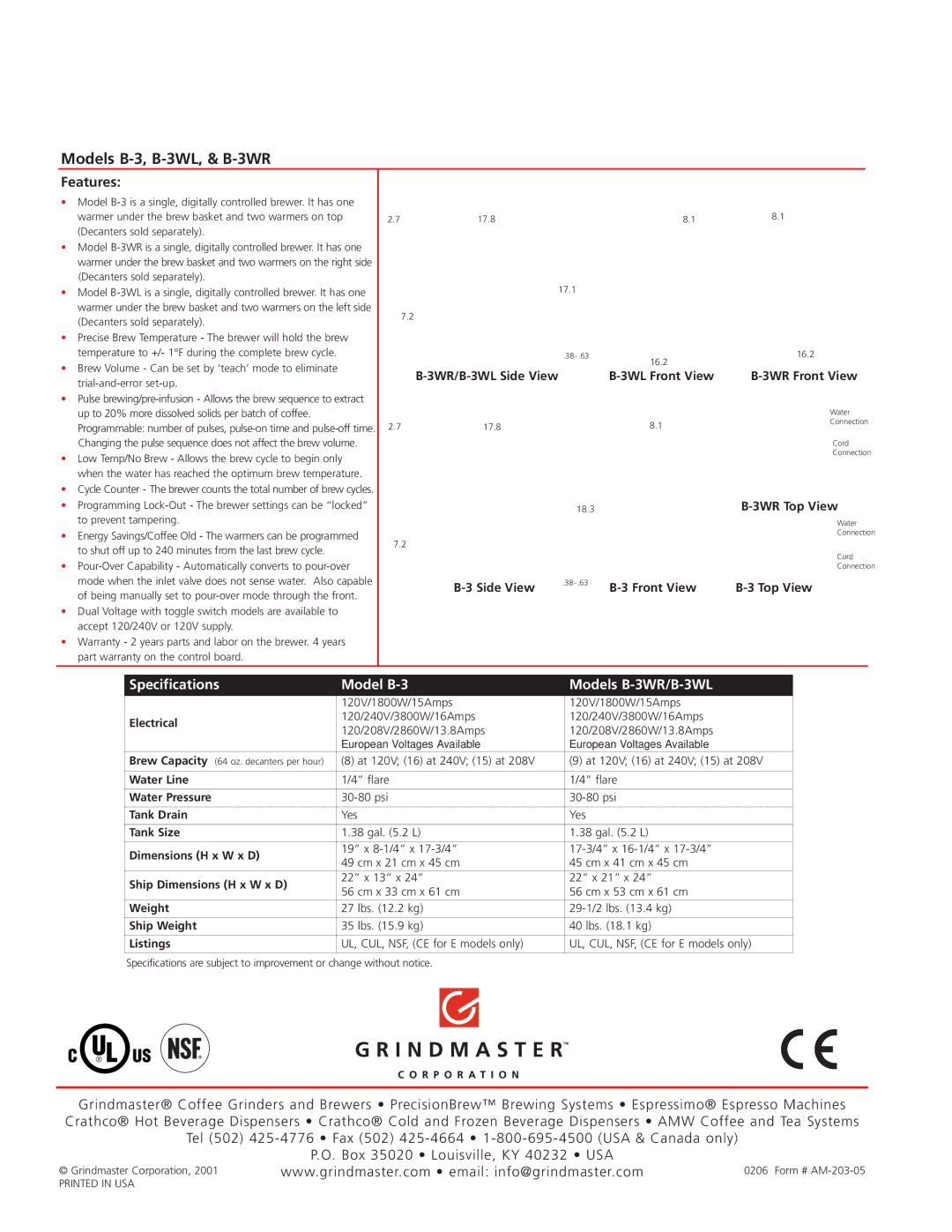 Grindmaster manual Models B-3, B-3WL, & B-3WR, Features, Specifications Model B-3 Models B-3WR/B-3WL 