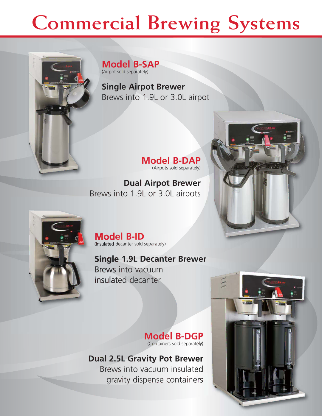 Grindmaster B-3WL, B-6 manual Commercial Brewing Systems, Model B-SAP, Model B-DAP, Model B-ID, Model B-DGP 