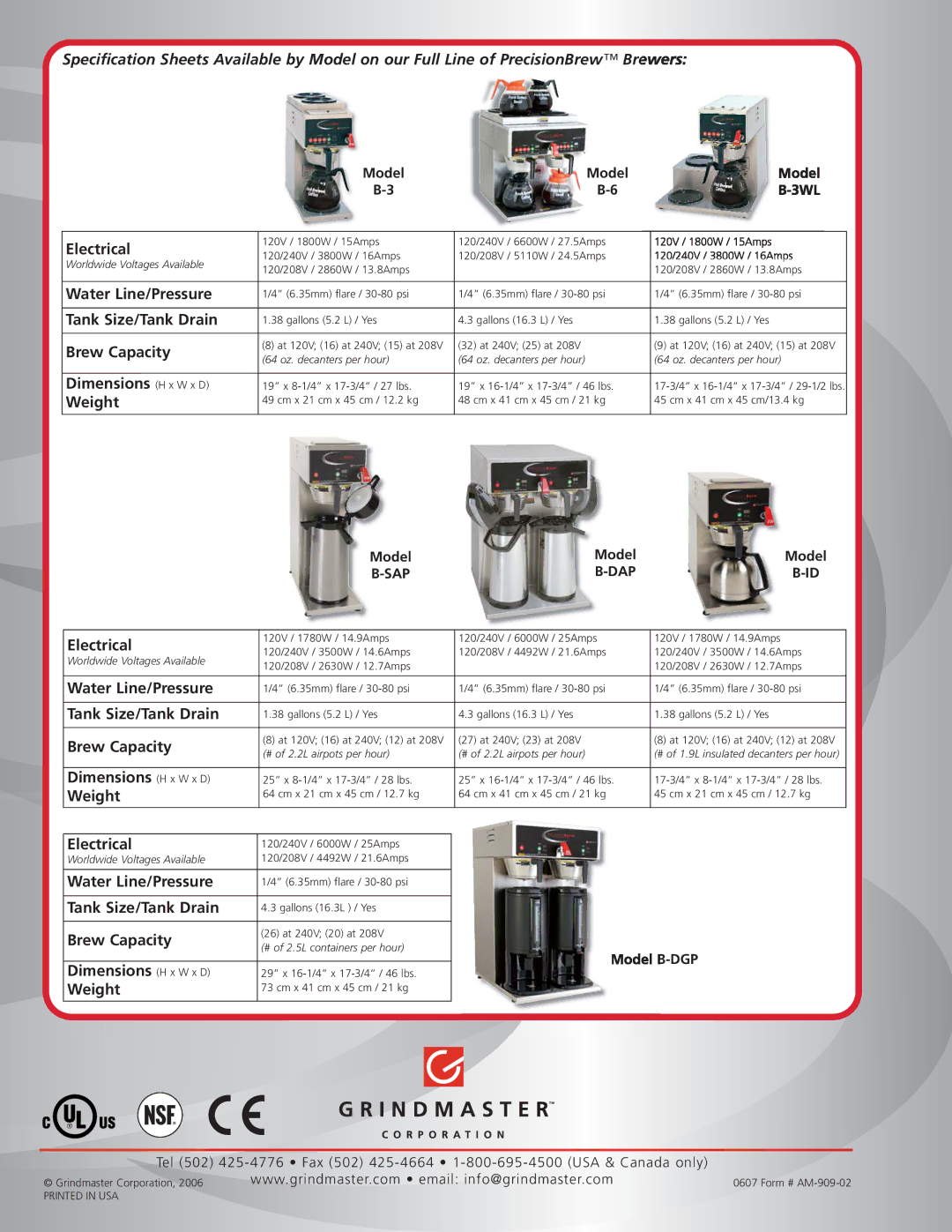 Grindmaster B-6, B-3WL manual Water Line/Pressure 