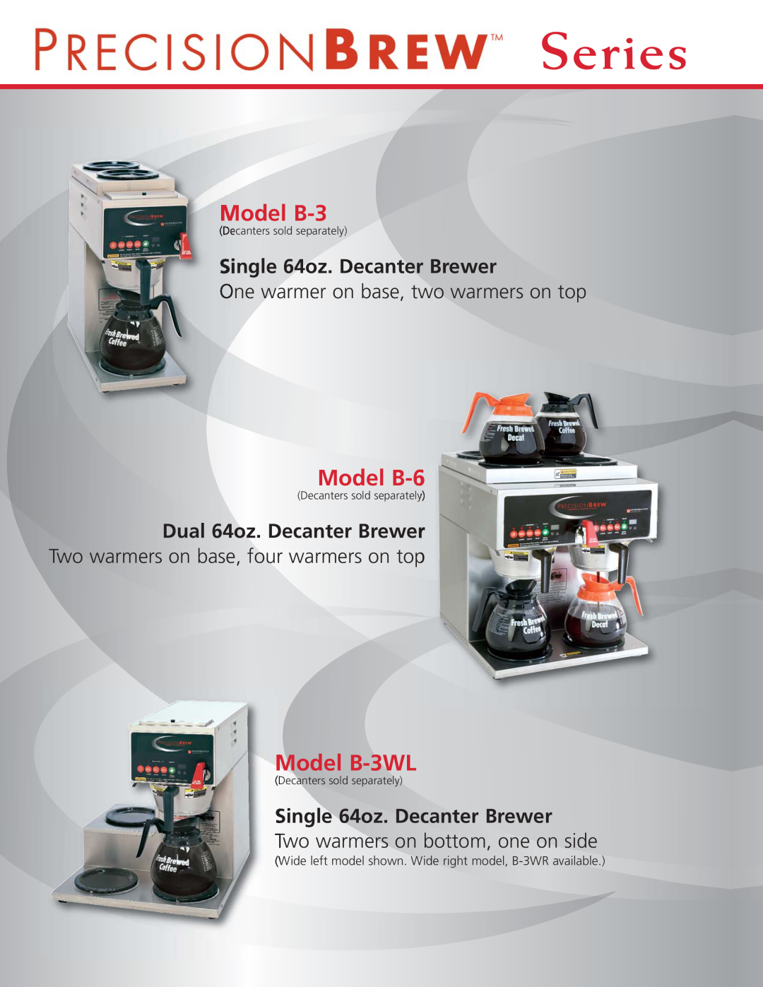 Grindmaster Model B-6, Model B-3WL, Single 64oz. Decanter Brewer, One warmer on base, two warmers on top, Series 