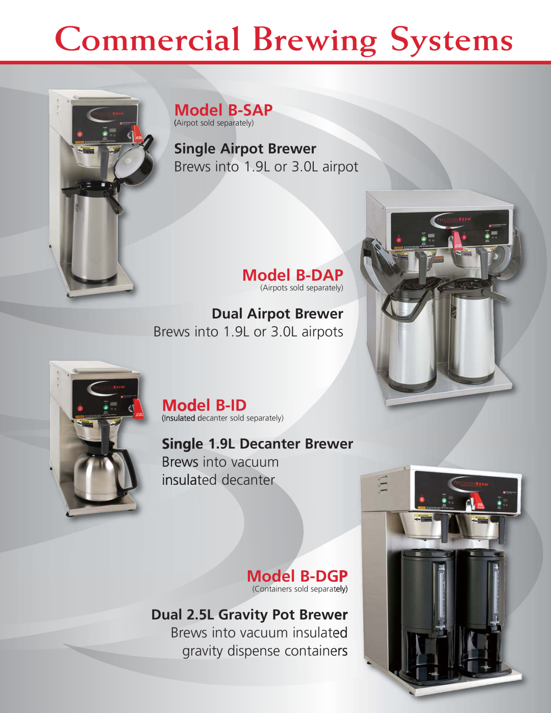 Grindmaster B-3WL, B-6 Commercial Brewing Systems, Model B-SAP, Model B-DAP, Model B-ID, Model B-DGP, Single Airpot Brewer 
