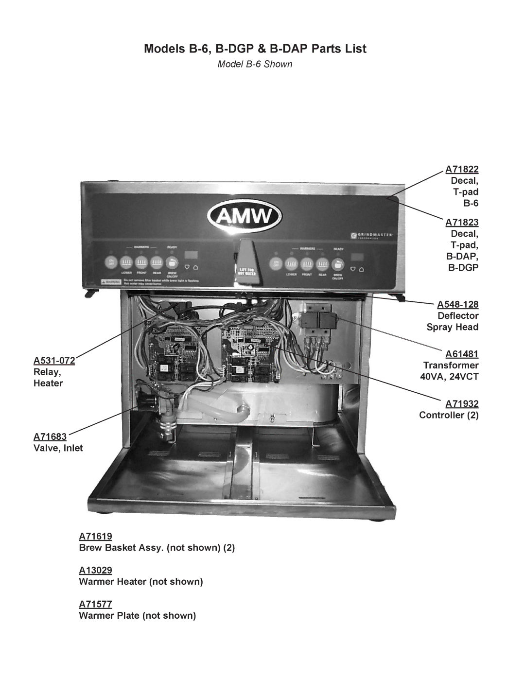 Grindmaster manual Models B-6, B-DGP & B-DAP Parts List 