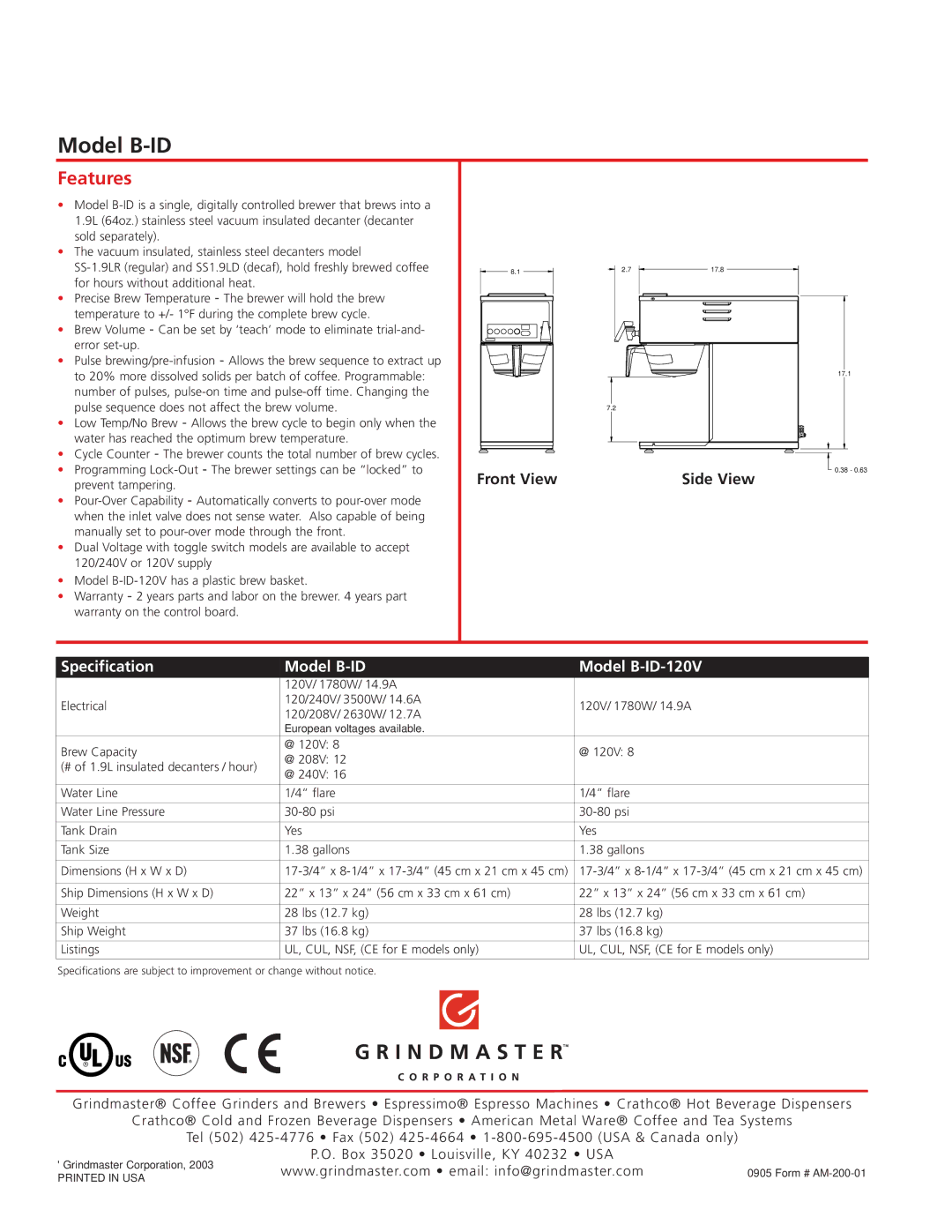 Grindmaster manual Features, Specification Model B-ID Model B-ID-120V 