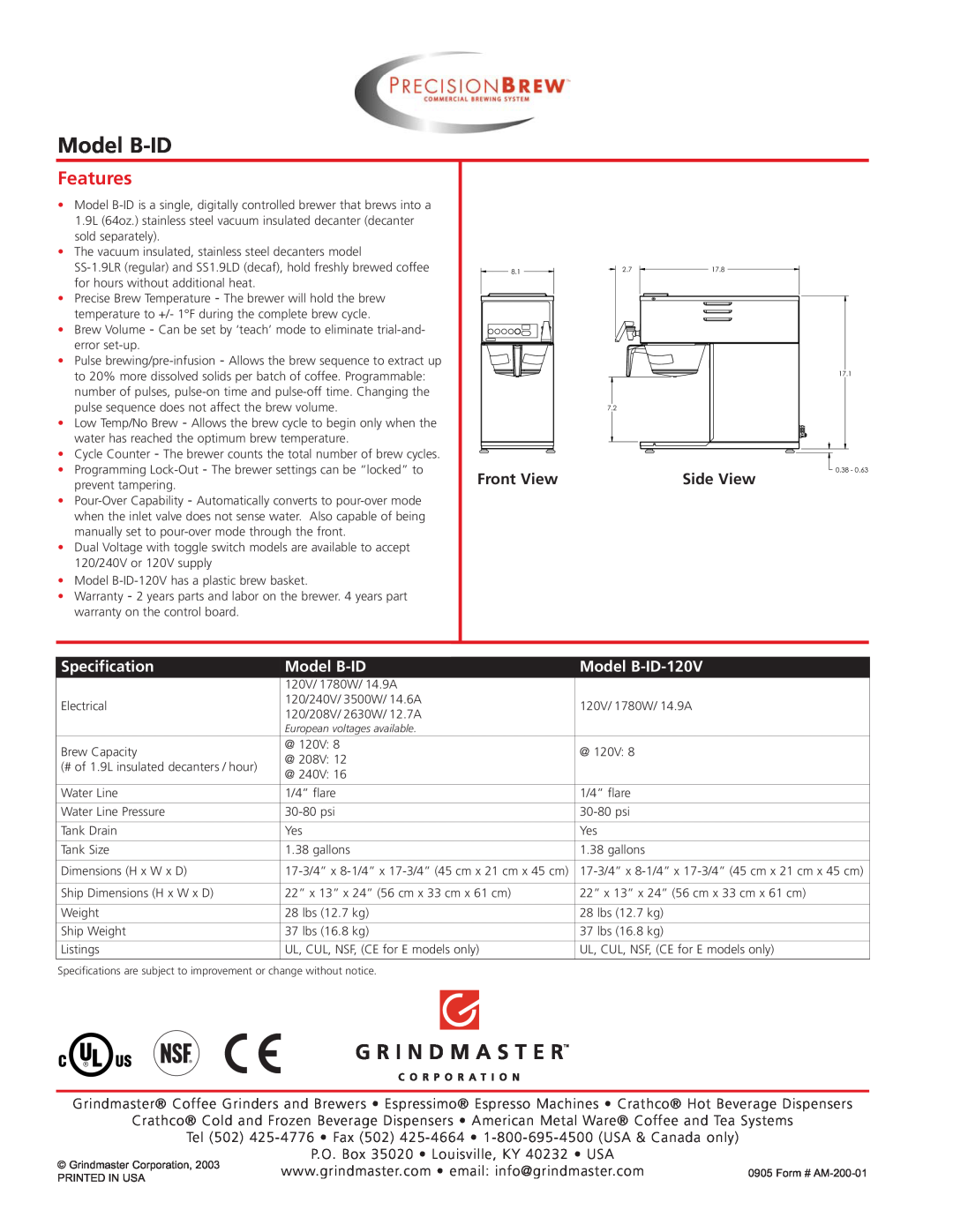 Grindmaster manual Features, Front View, Specification, Model B-ID-120V, Side View 