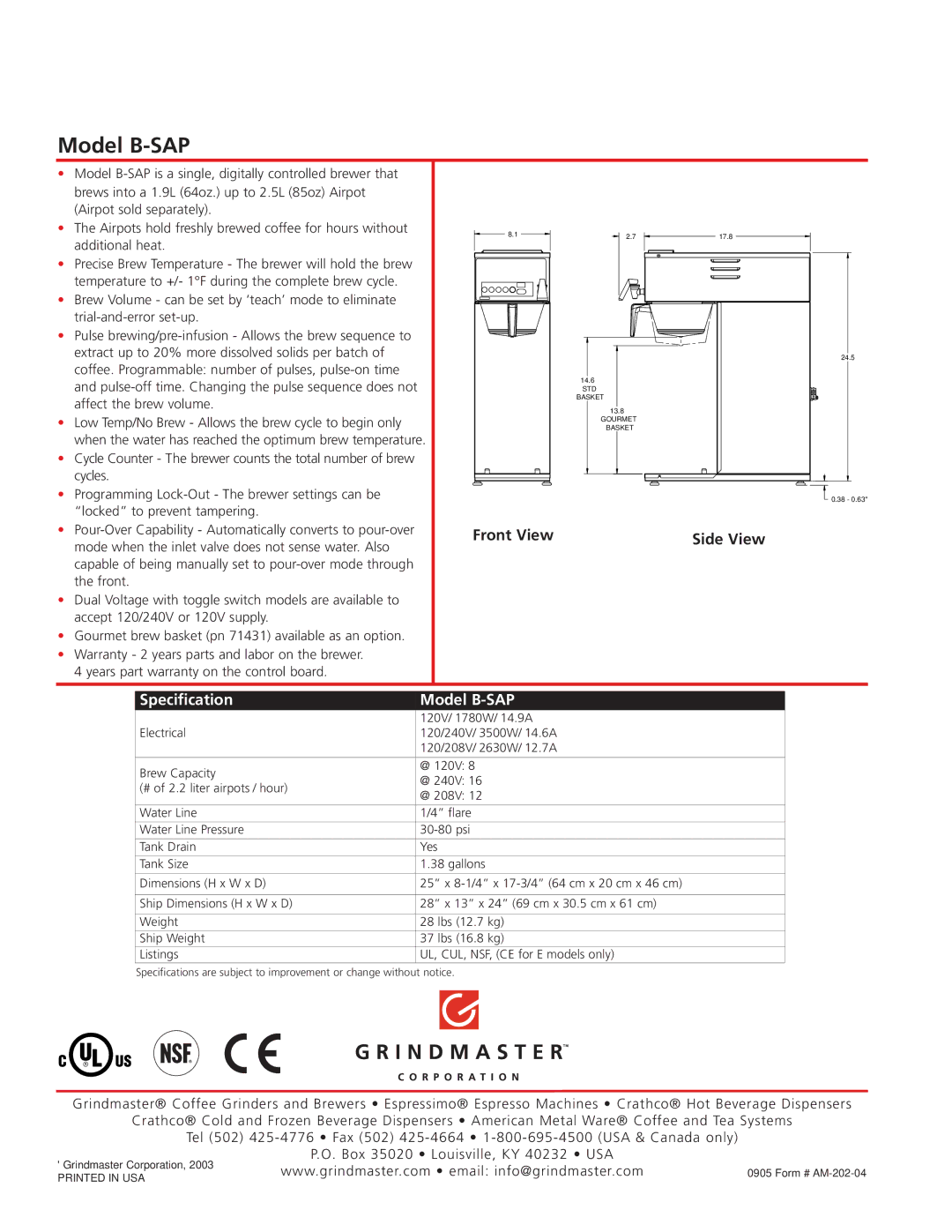 Grindmaster manual Specification Model B-SAP 