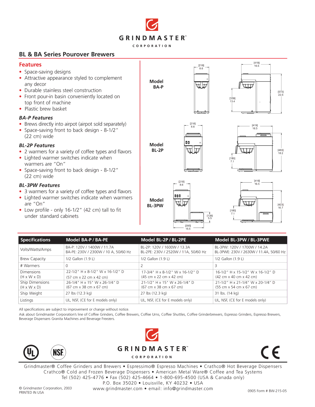 Grindmaster manual BA-P Features, BL-2P Features, BL-3PW Features 