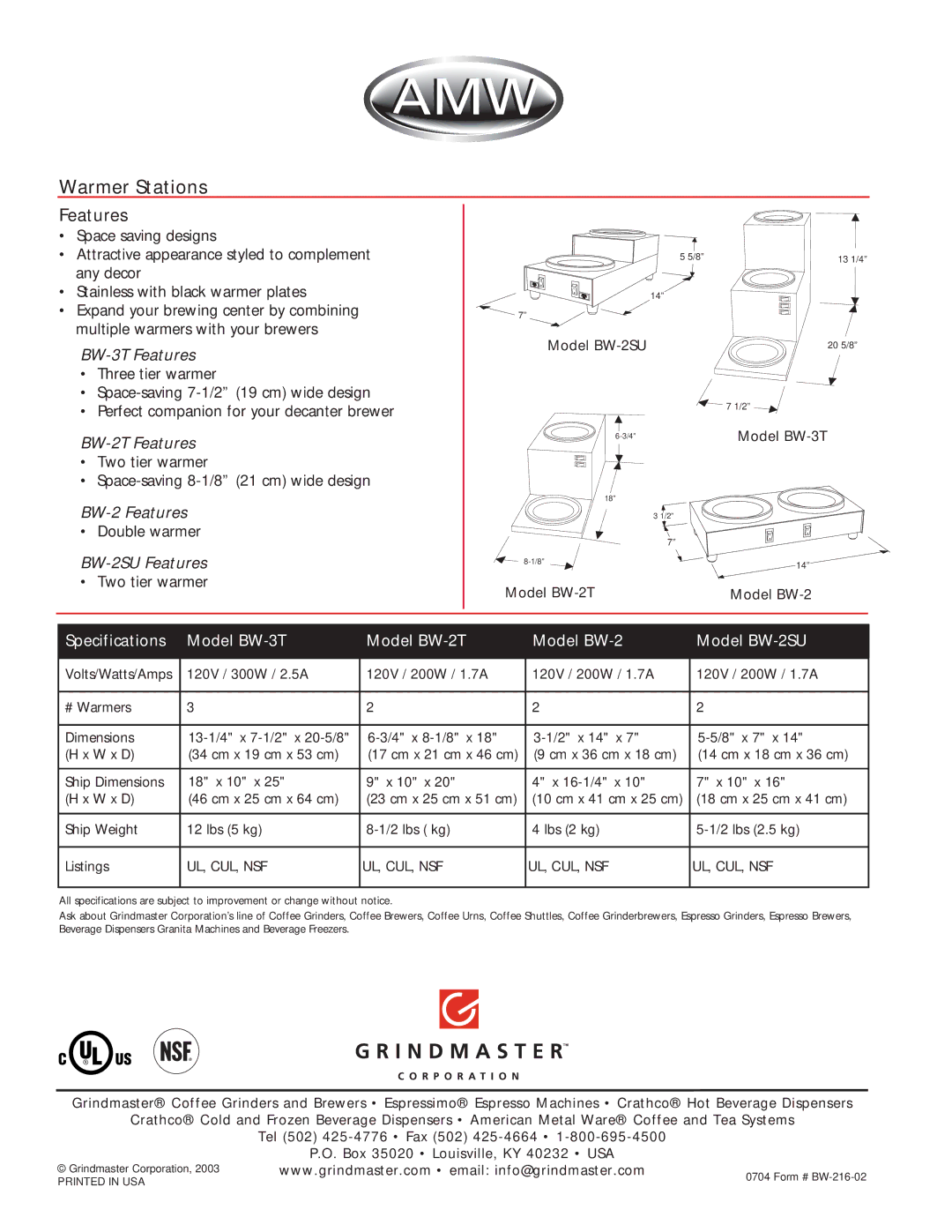 Grindmaster manual BW-3T Features, BW-2T Features, BW-2 Features, BW-2SU Features 