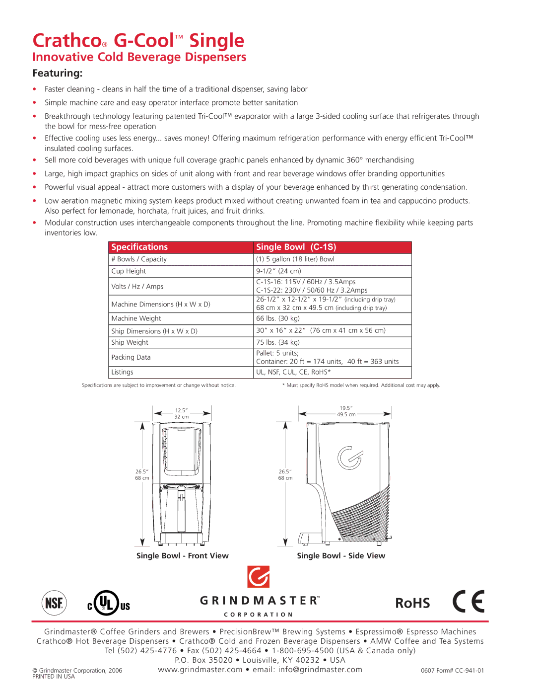 Grindmaster C-1S manual Crathco G-CoolSingle, RoHS, Innovative Cold Beverage Dispensers, Featuring 