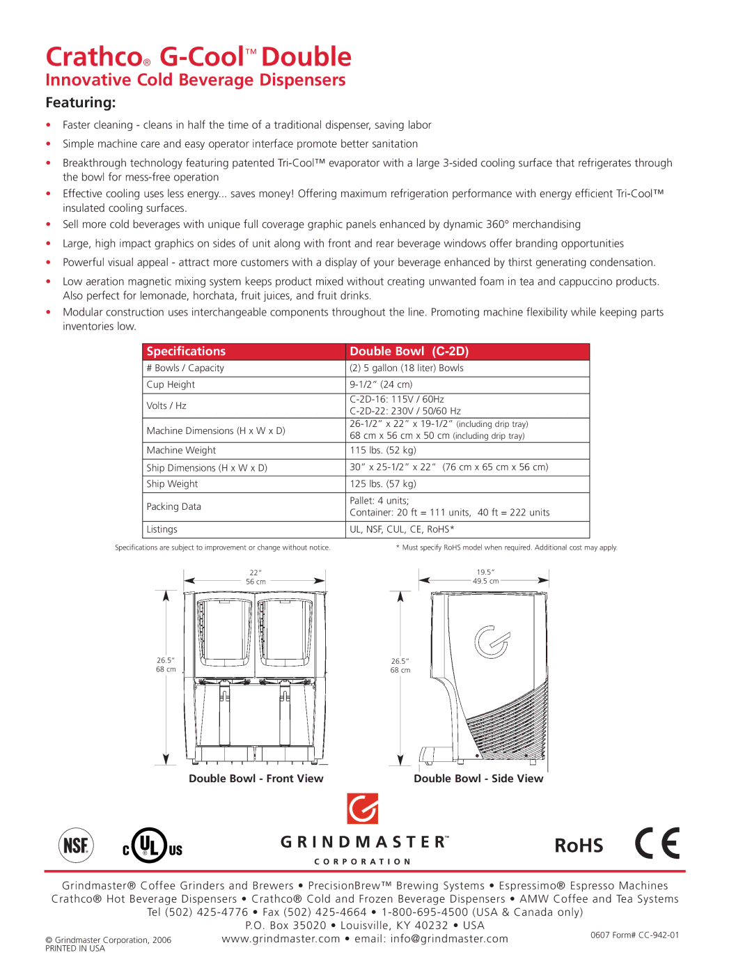 Grindmaster C-2D manual Crathco G-CoolDouble, RoHS, Innovative Cold Beverage Dispensers, Featuring 