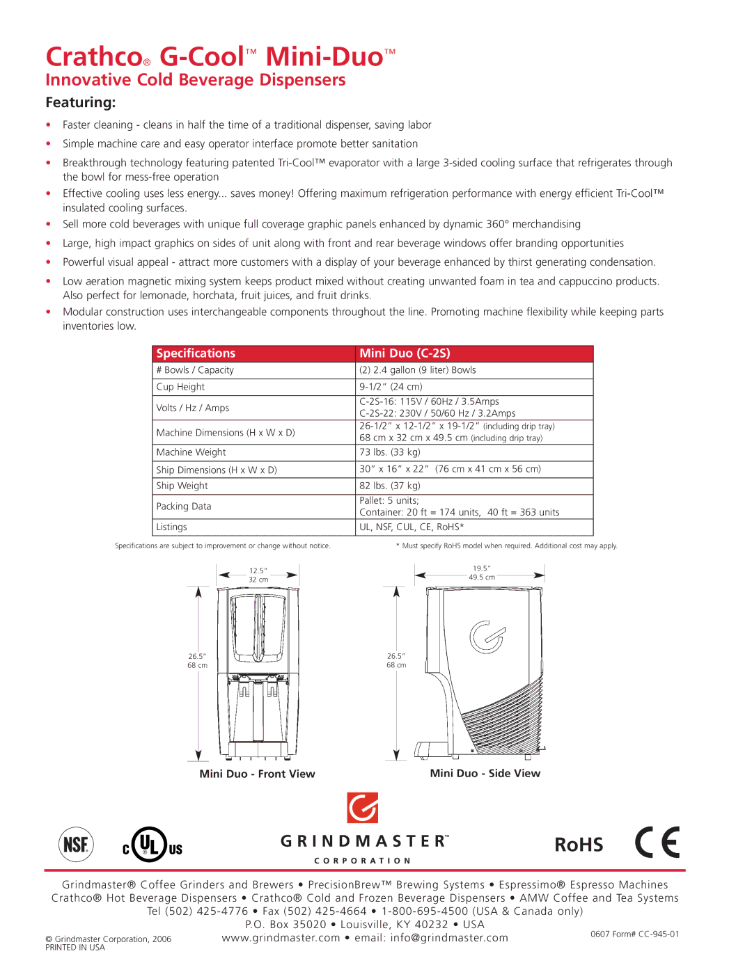 Grindmaster C-2S manual Crathco G-CoolMini-Duo, RoHS, Innovative Cold Beverage Dispensers, Featuring 