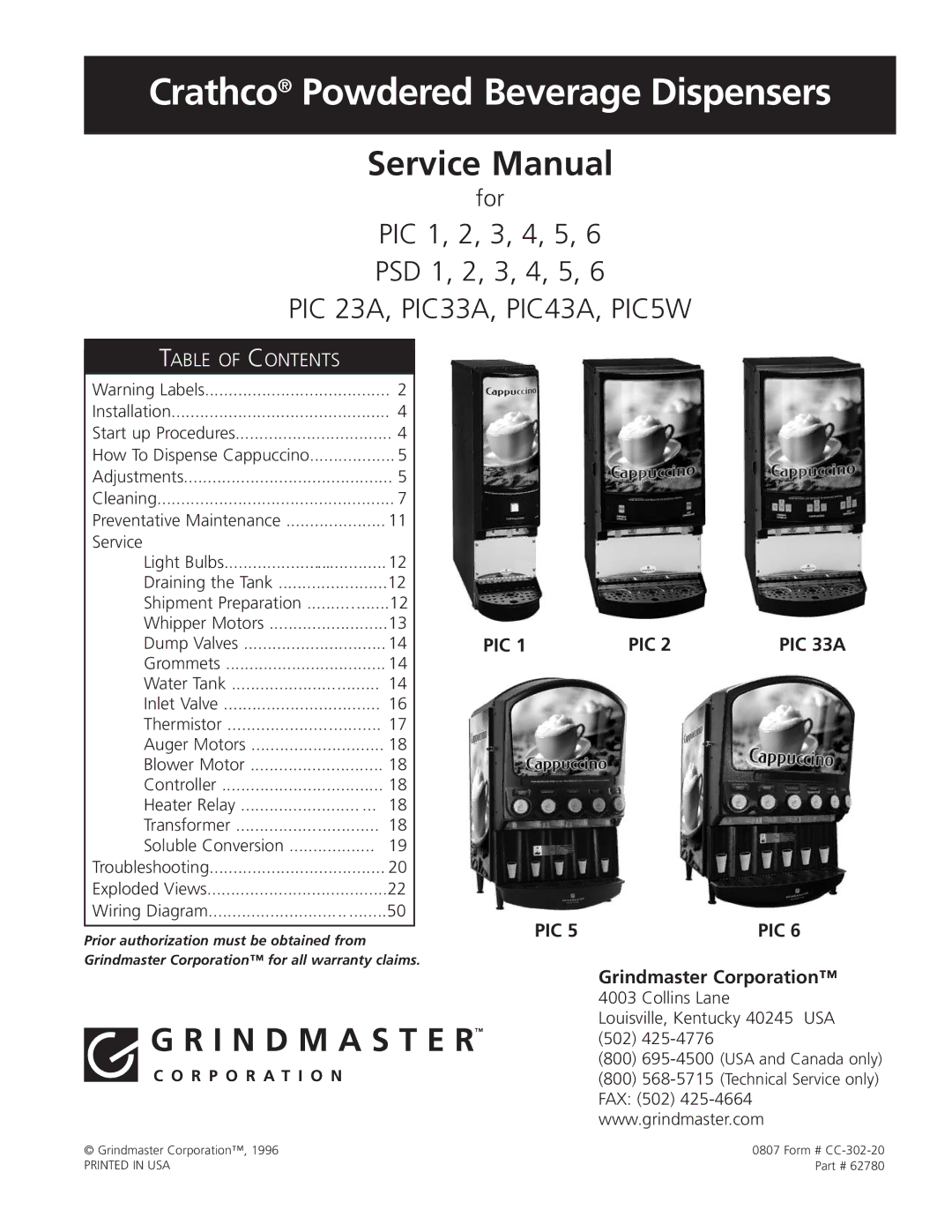 Grindmaster CC-302-20 service manual Crathco Powdered Beverage Dispensers 