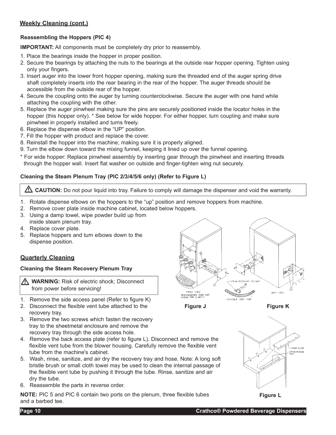 Grindmaster CC-302-20 service manual Weekly Cleaning, Quarterly Cleaning 