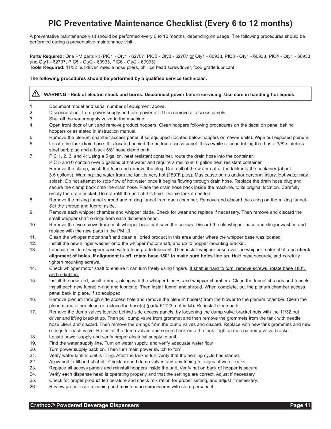 Grindmaster CC-302-20 service manual PIC Preventative Maintenance Checklist Every 6 to 12 months 