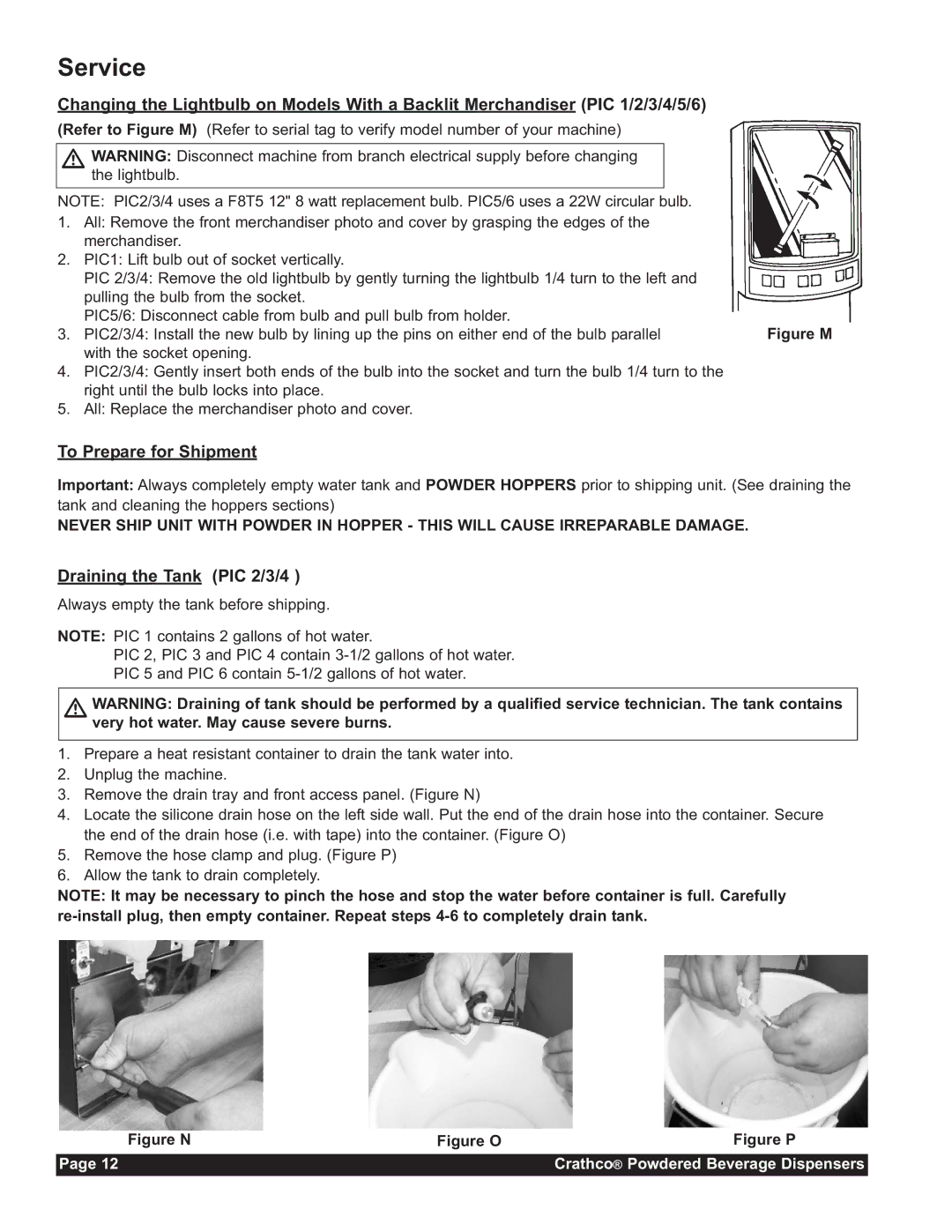 Grindmaster CC-302-20 service manual Service, To Prepare for Shipment, Draining the Tank PIC 2/3/4 