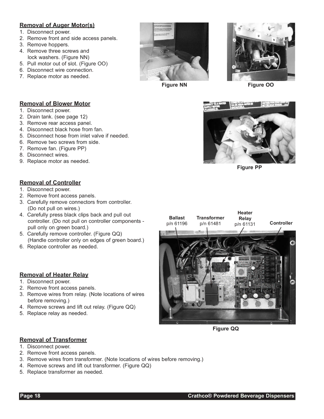 Grindmaster CC-302-20 Removal of Auger Motors, Removal of Blower Motor, Removal of Controller, Removal of Heater Relay 