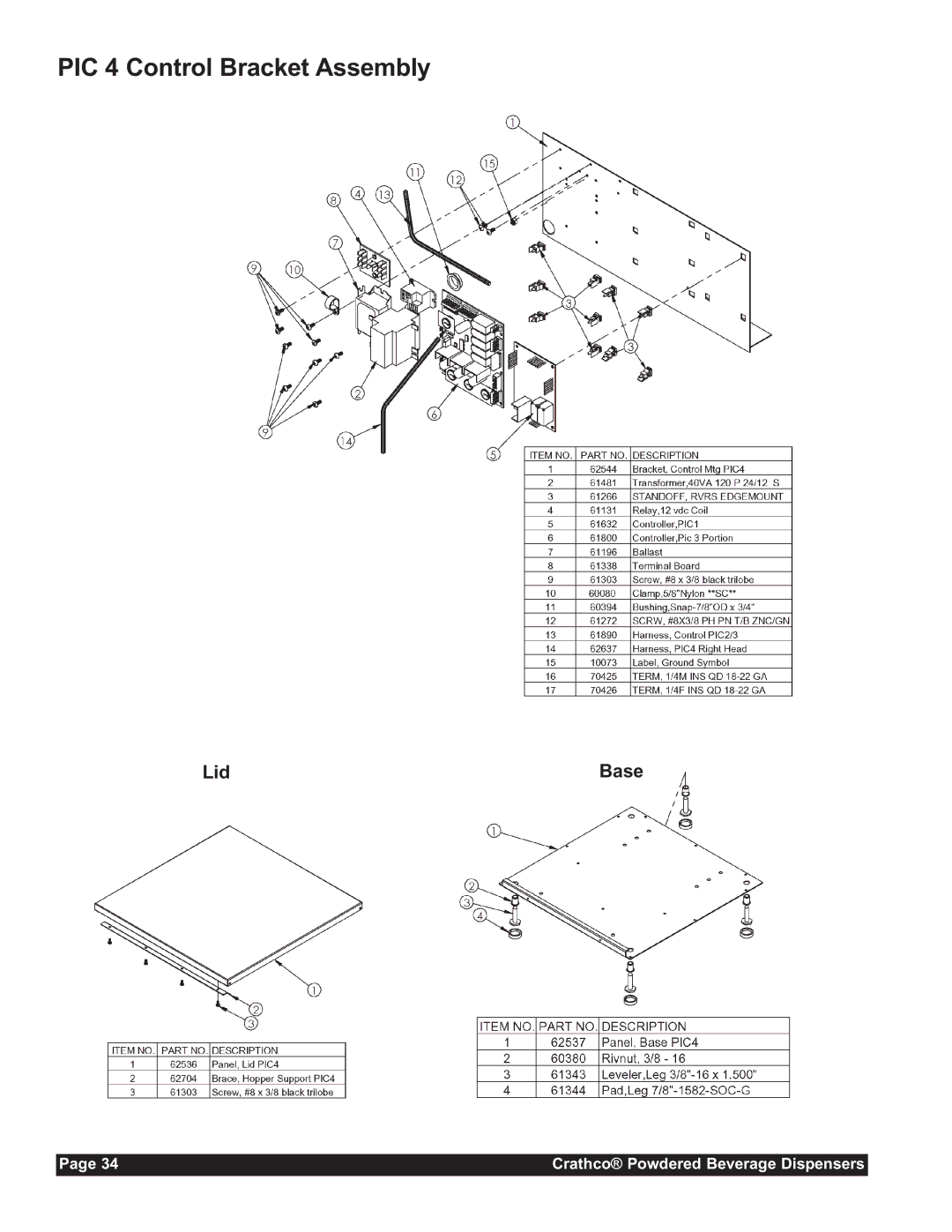 Grindmaster CC-302-20 service manual PIC 4 Control Bracket Assembly, Base 