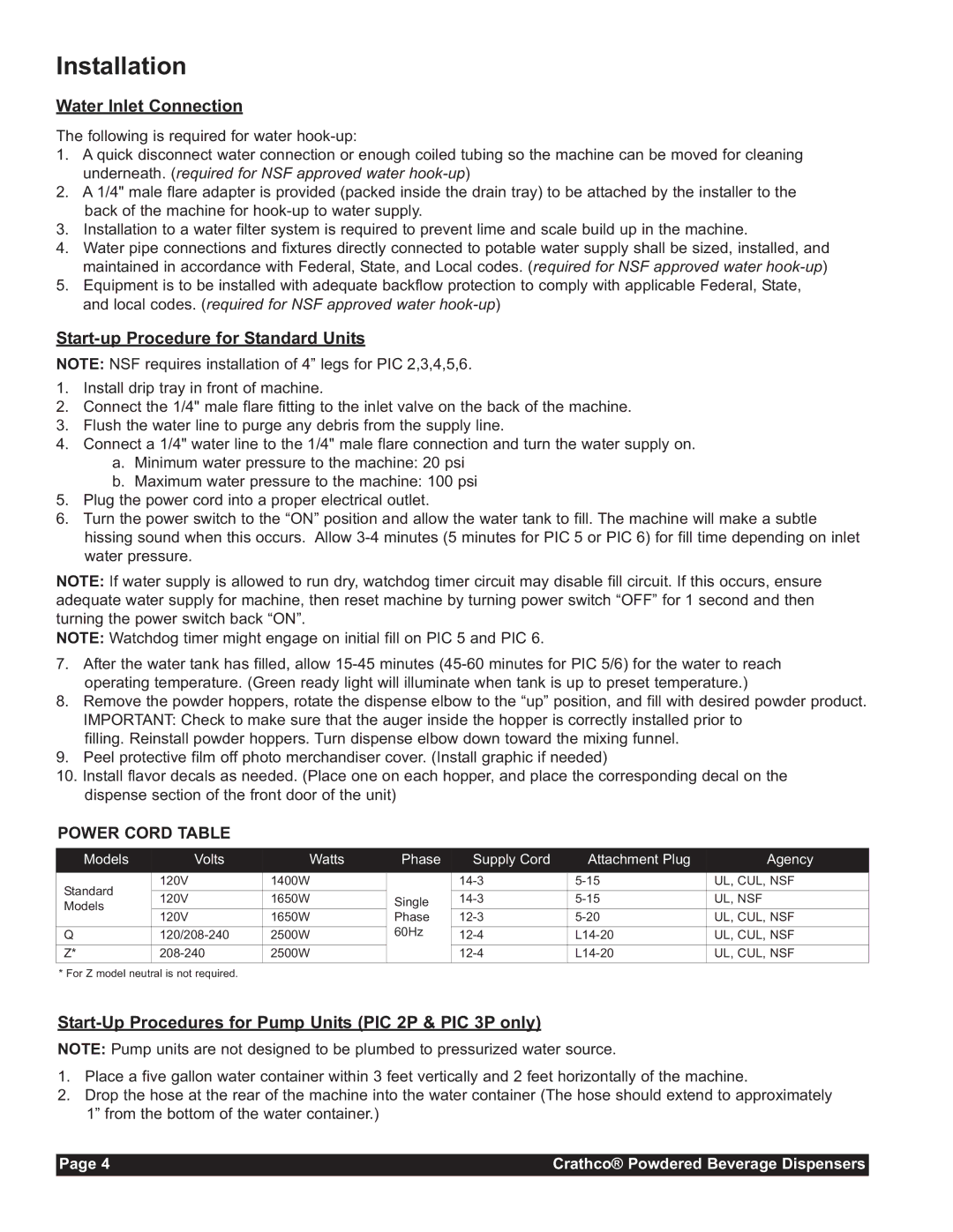 Grindmaster CC-302-20 service manual Installation, Water Inlet Connection, Start-up Procedure for Standard Units 