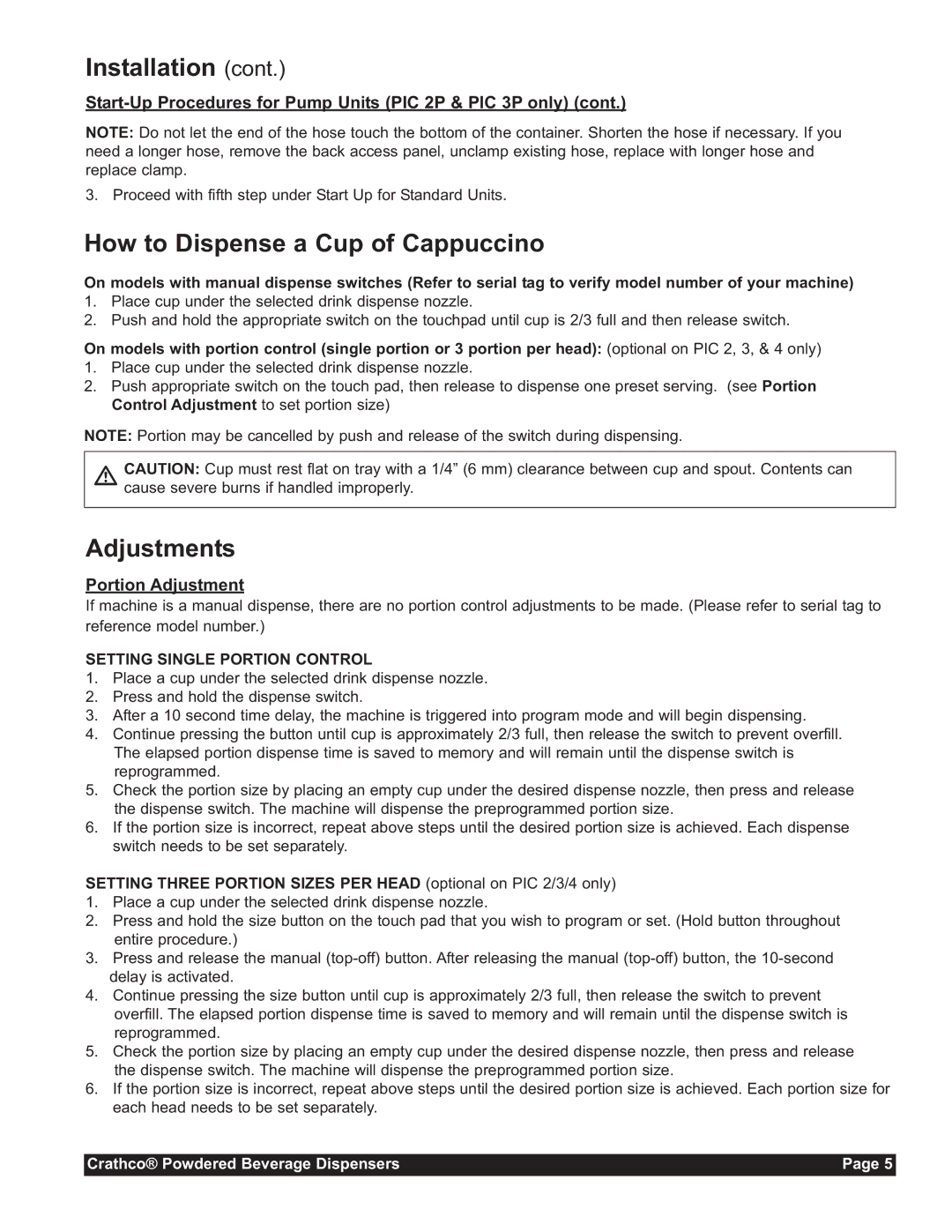 Grindmaster CC-302-20 service manual How to Dispense a Cup of Cappuccino, Adjustments, Portion Adjustment 