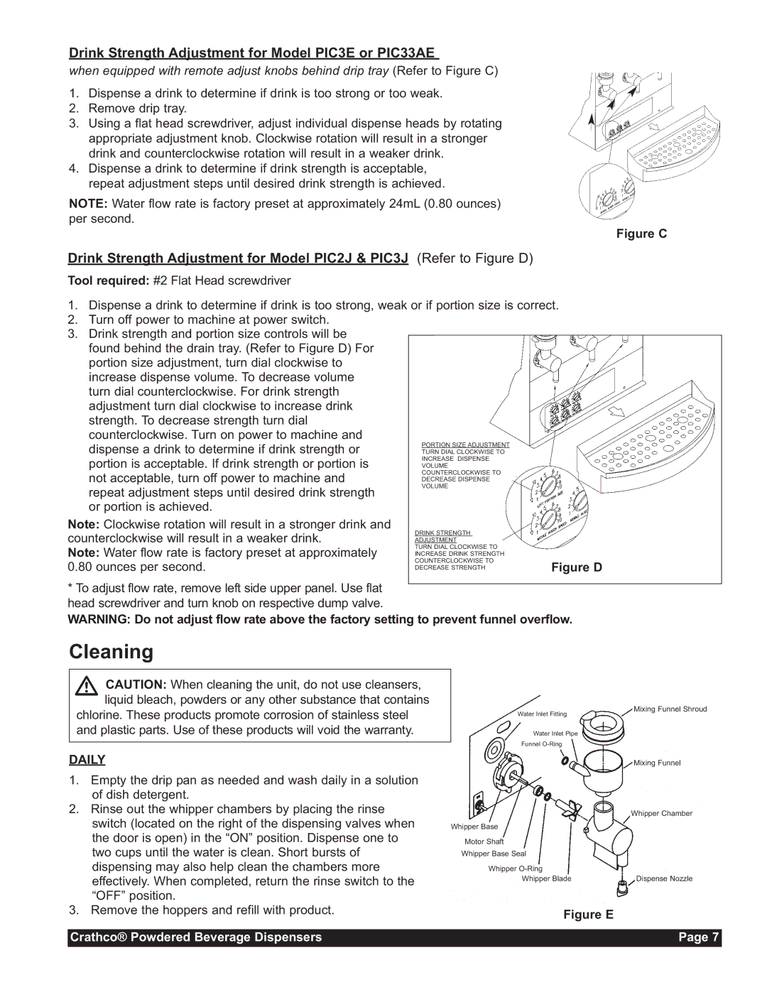 Grindmaster CC-302-20 service manual Cleaning, Drink Strength Adjustment for Model PIC3E or PIC33AE 