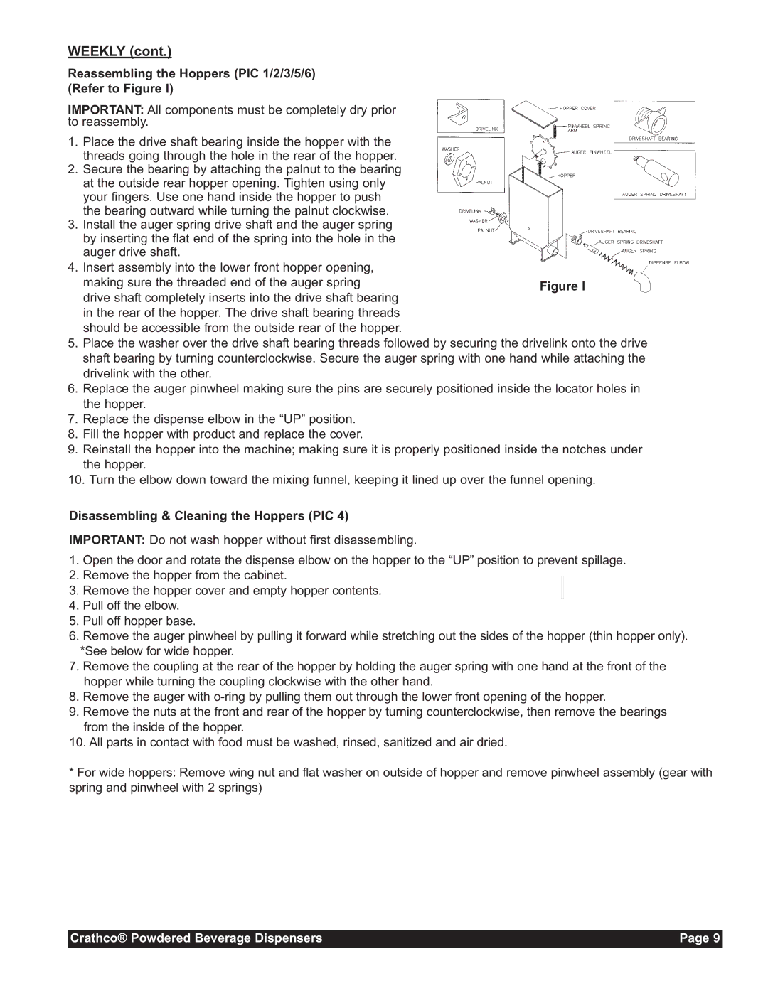 Grindmaster CC-302-20 service manual Weekly, Reassembling the Hoppers PIC 1/2/3/5/6 Refer to Figure 