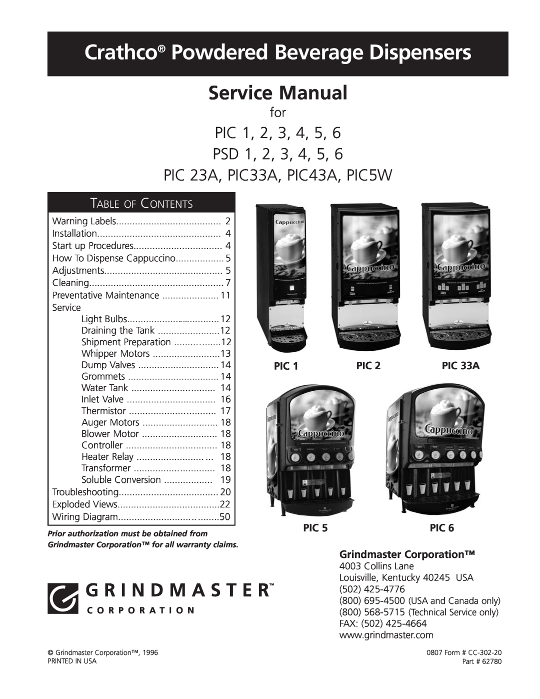 Grindmaster CC-302-20 service manual Grindmaster Corporation, PIC 33A, Crathco Powdered Beverage Dispensers 