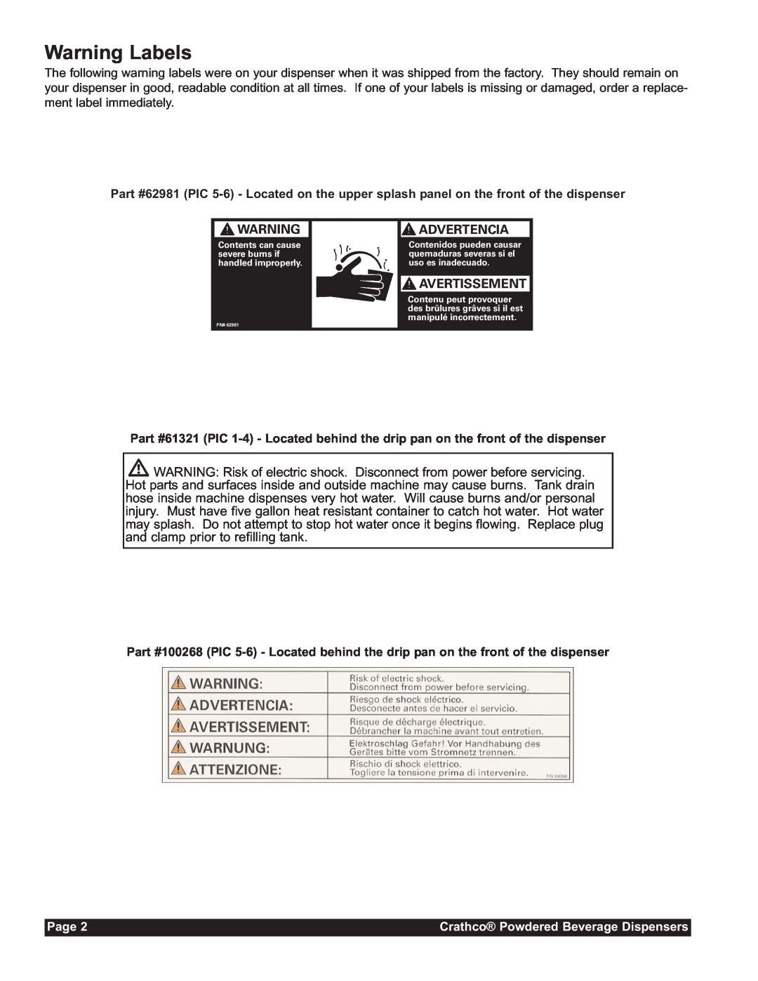 Grindmaster CC-302-20 service manual Warning Labels, Advertencia, Avertissement 