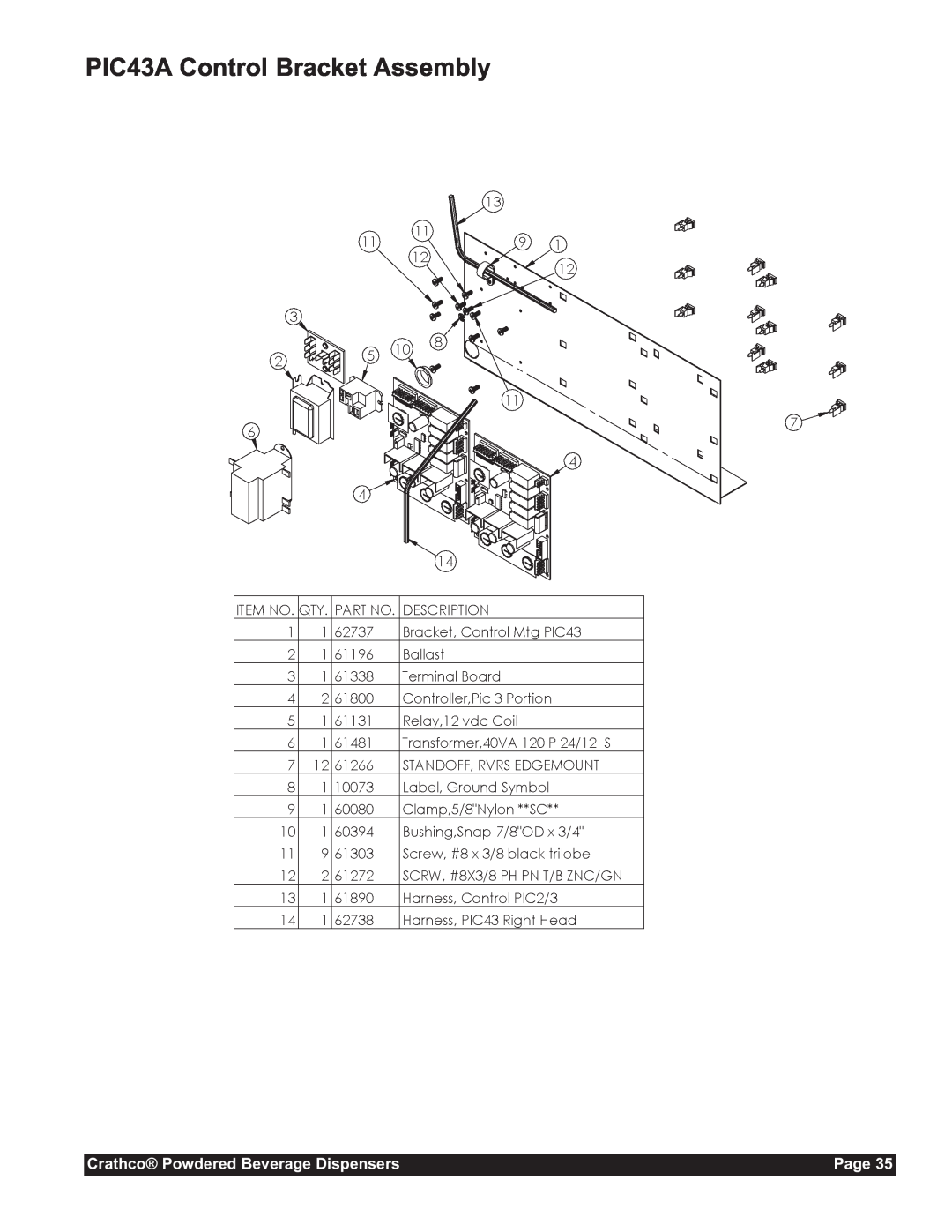 Grindmaster CC-302-20 service manual PIC43A Control Bracket Assembly, Crathco Powdered Beverage Dispensers, Page 