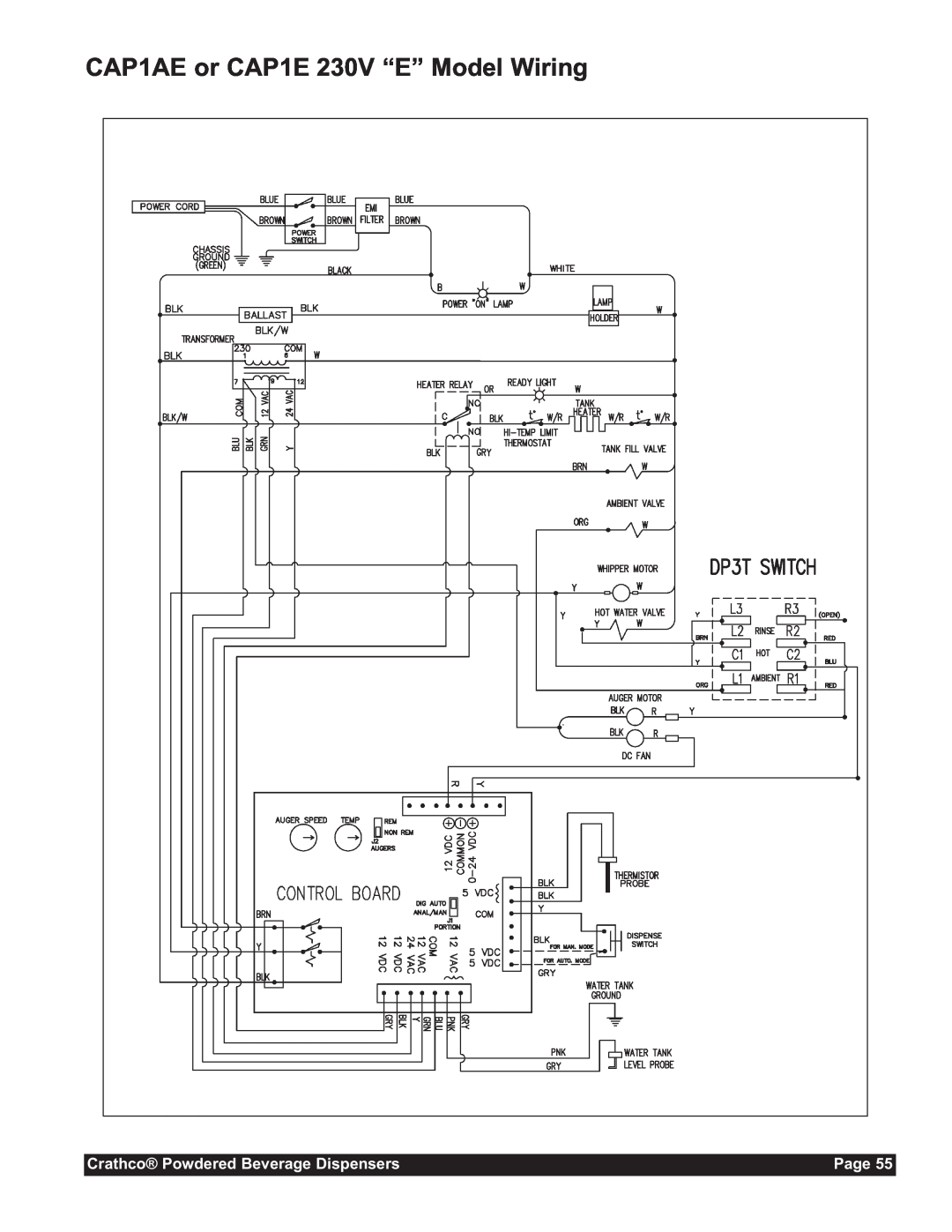Grindmaster CC-302-20 service manual CAP1AE or CAP1E 230V “E” Model Wiring, Crathco Powdered Beverage Dispensers, Page 