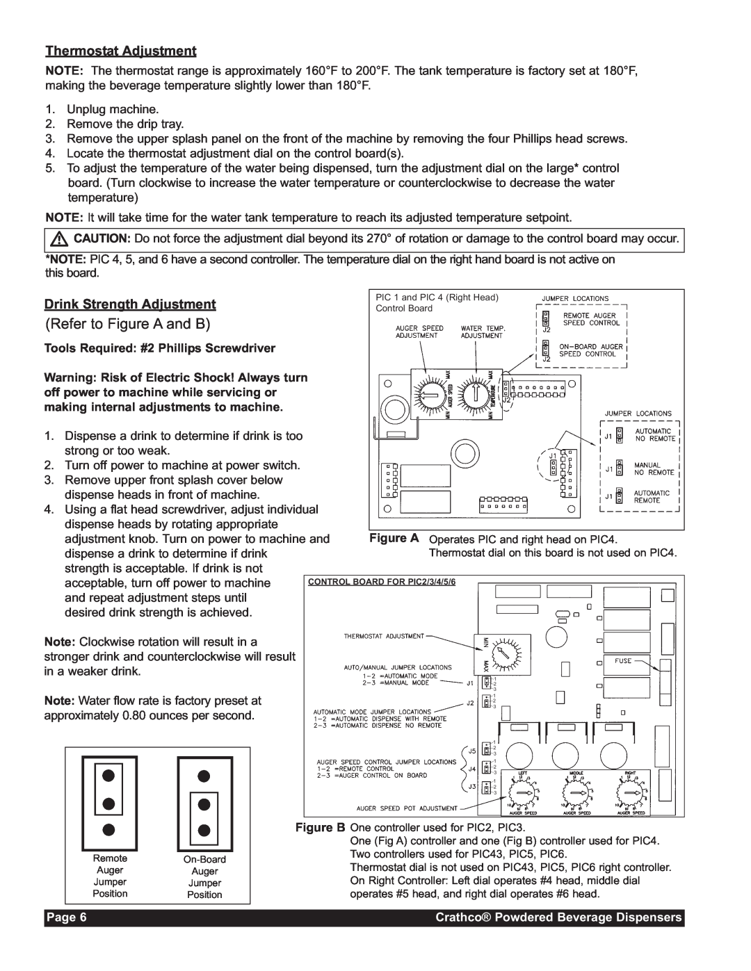 Grindmaster CC-302-20 service manual Refer to Figure A and B, Thermostat Adjustment, Drink Strength Adjustment, Page 