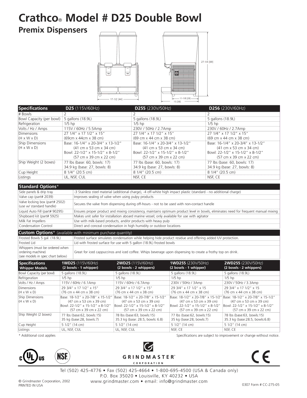 Grindmaster D25 Double Bowl manual Specifications, Standard Options 