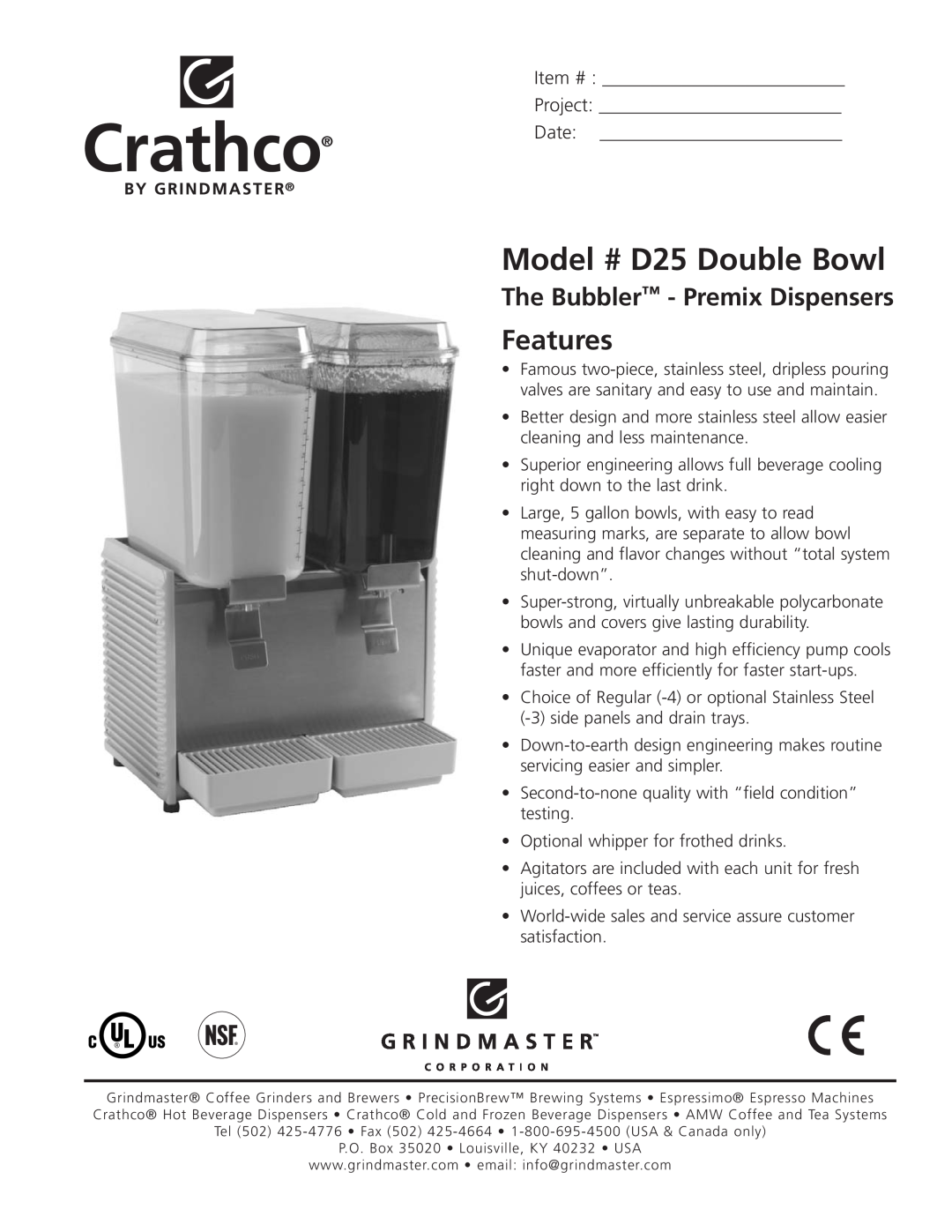 Grindmaster manual The Bubbler - Premix Dispensers, Model # D25 Double Bowl, Features, Item #, Project, Date 